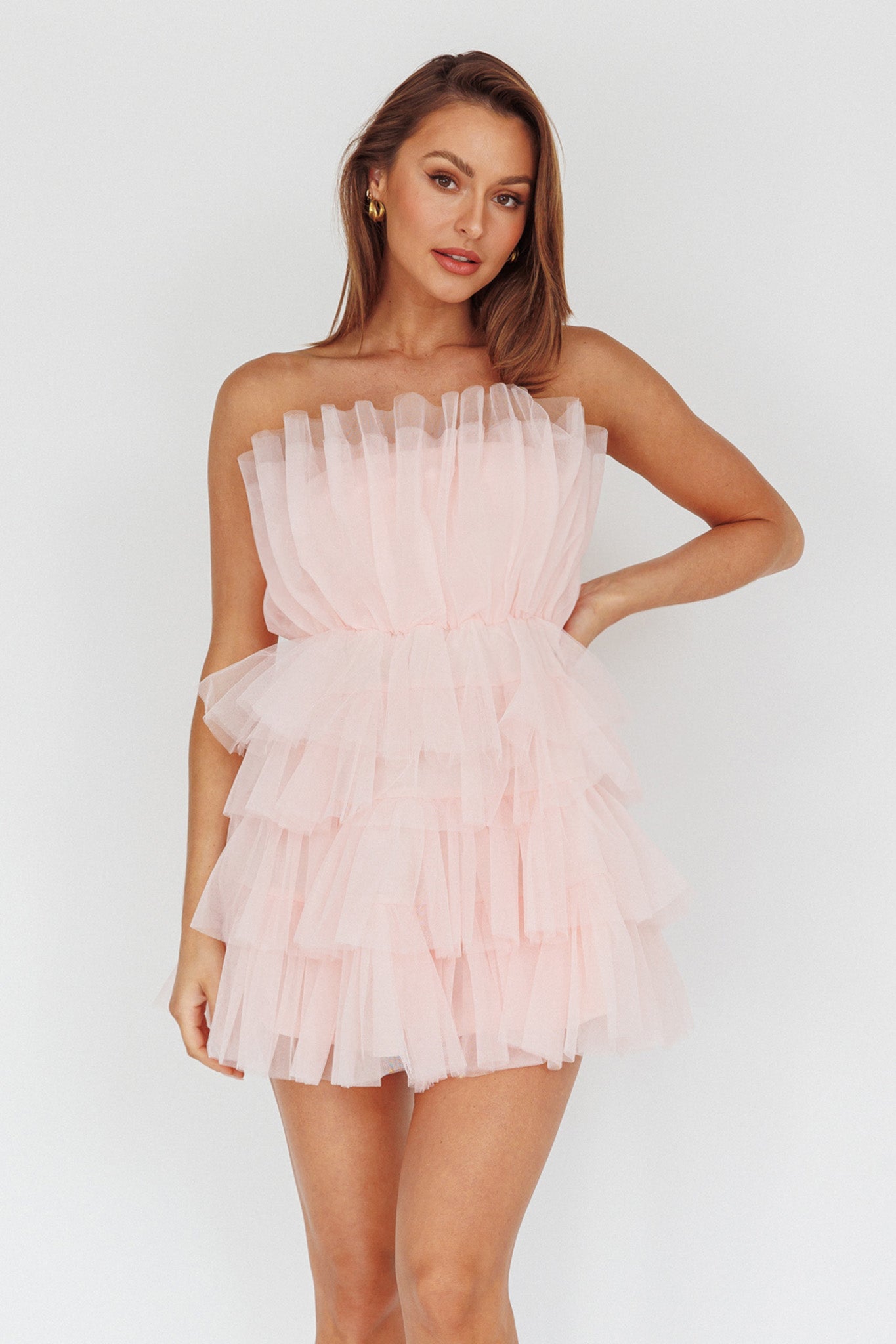 Bon Bon Tiered Mesh Mini Dress Blush-Maymioy