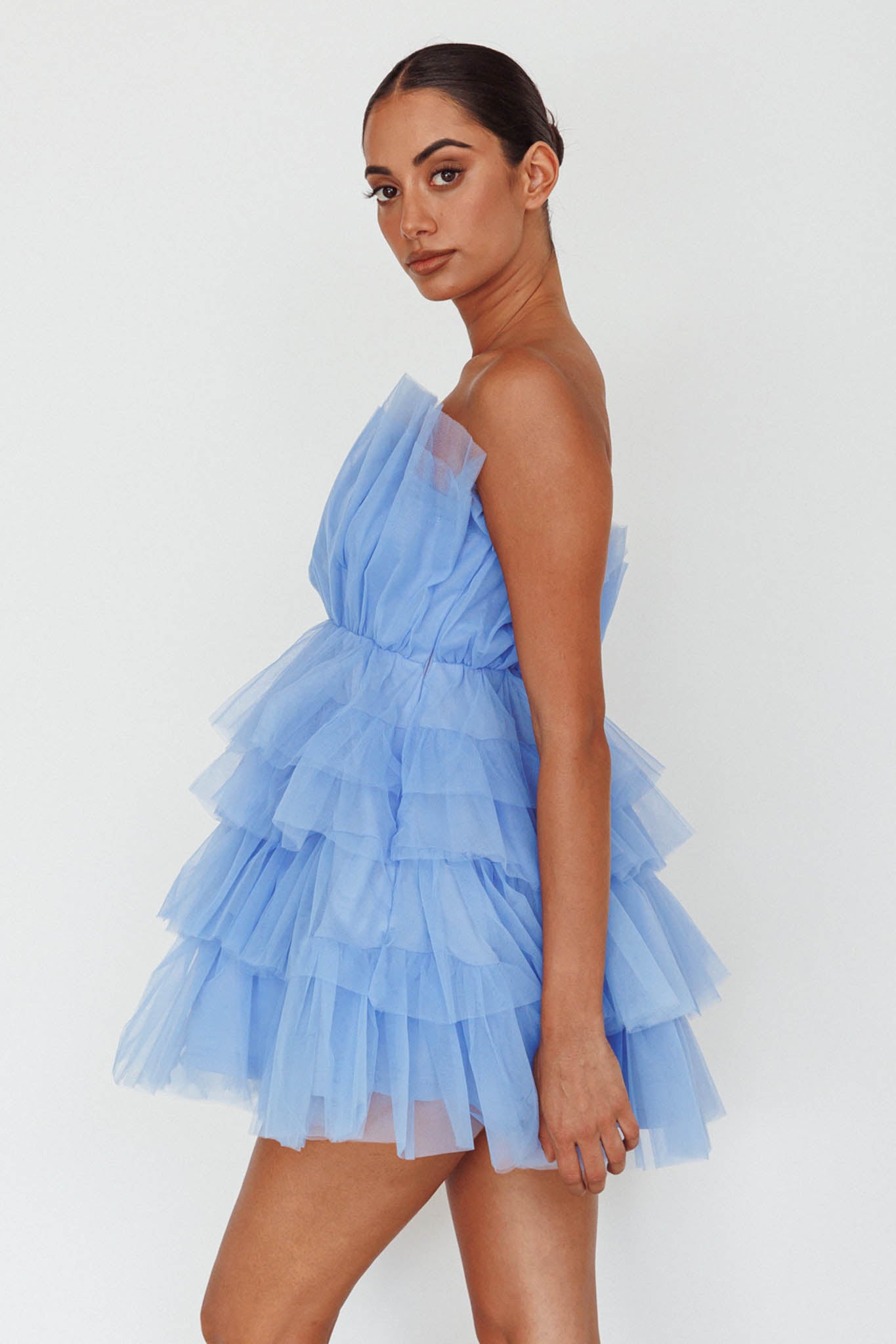 Bon Bon Tiered Mesh Mini Dress Steel Blue-Maymioy