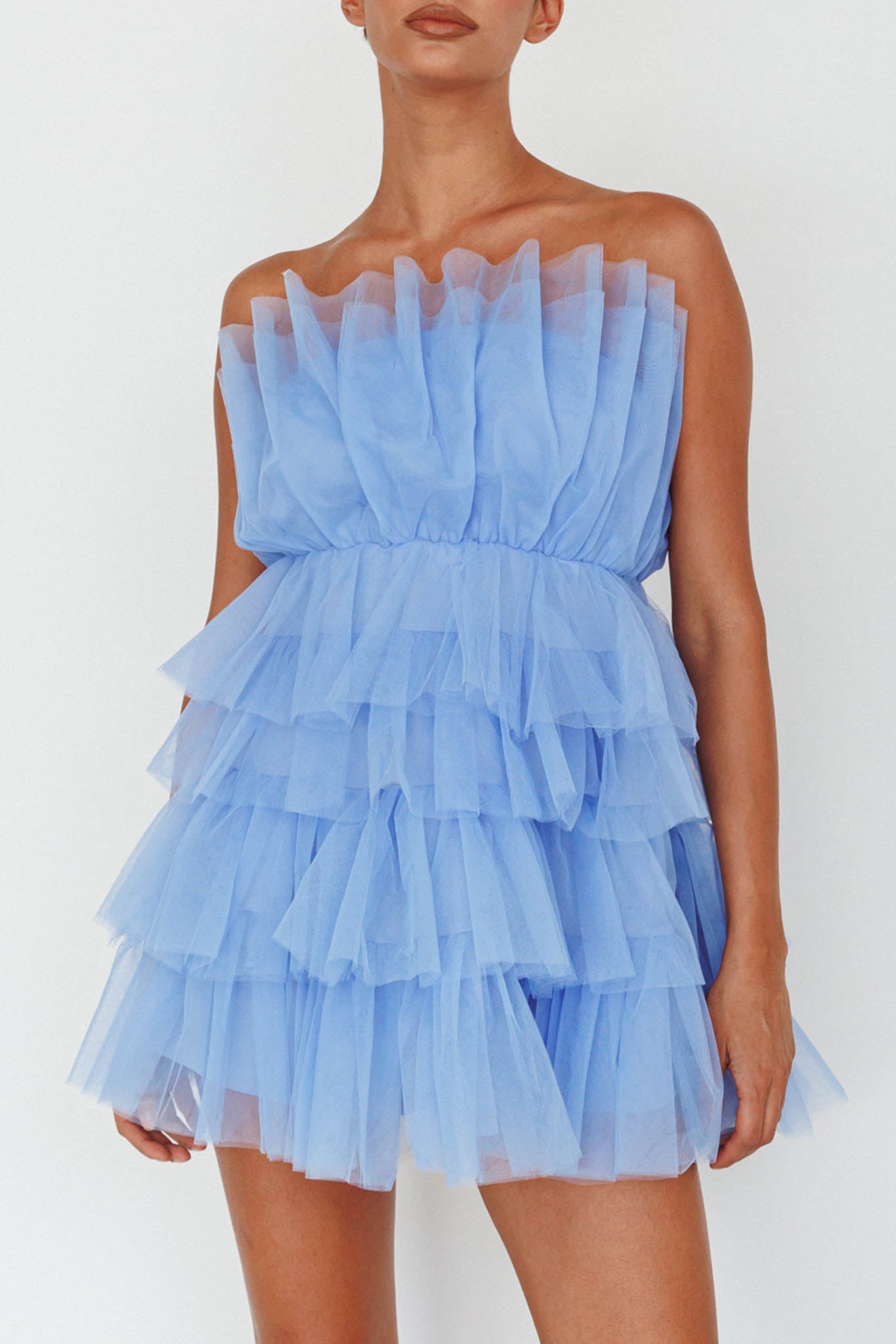 Bon Bon Tiered Mesh Mini Dress Steel Blue-Maymioy