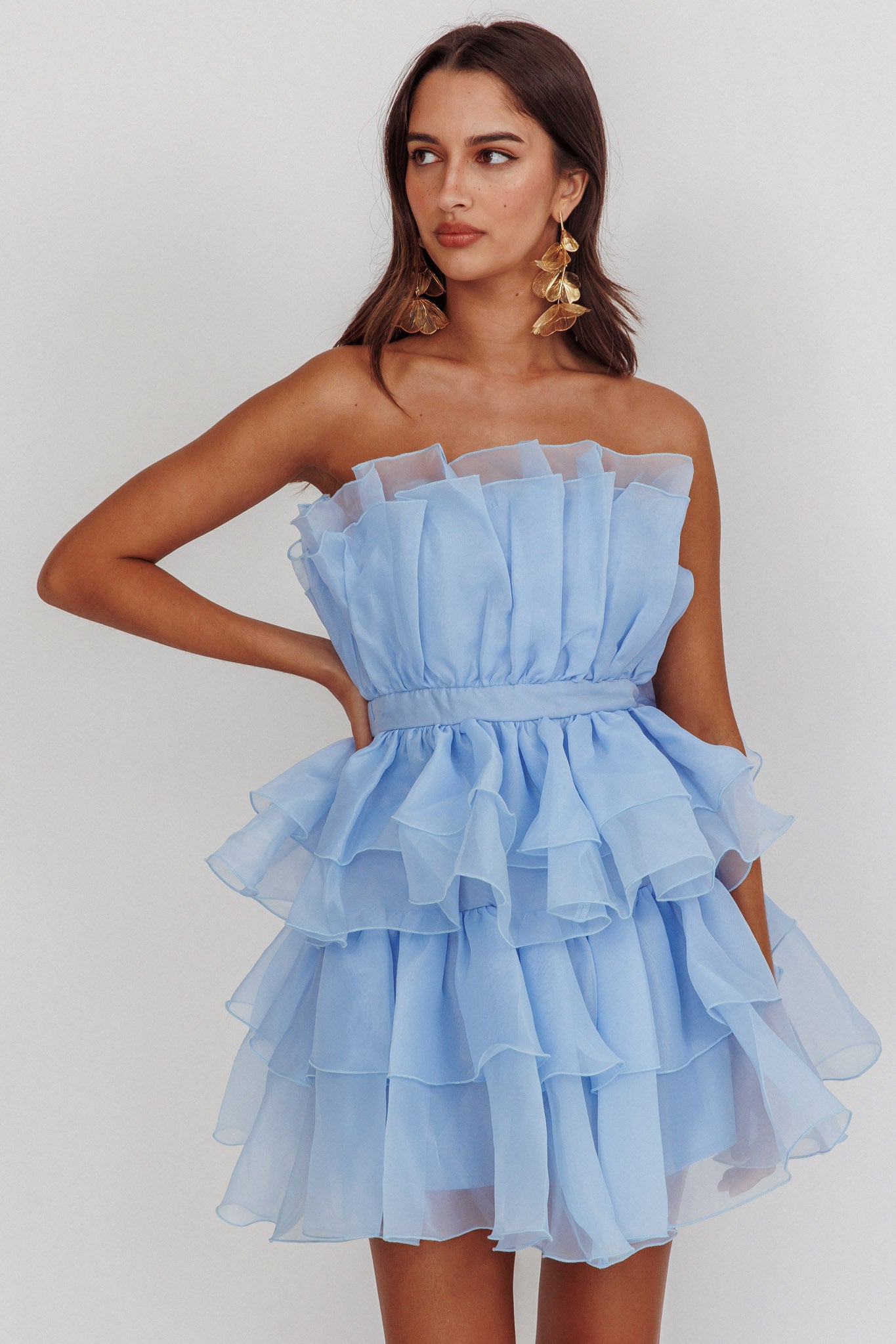 Bon Bon Tiered Chiffon Mini Dress Baby Blue-Maymioy
