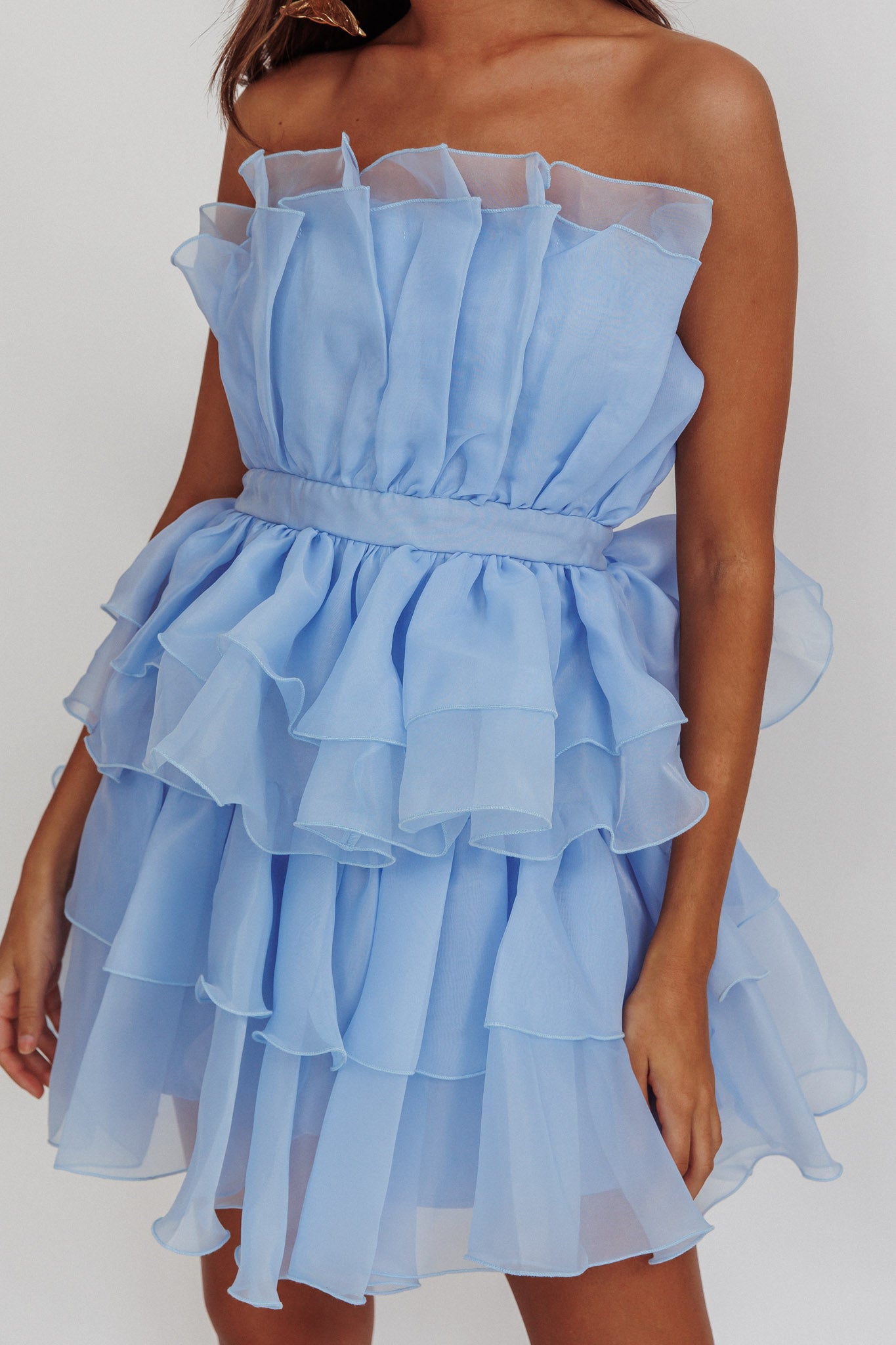 Bon Bon Tiered Chiffon Mini Dress Baby Blue-Maymioy