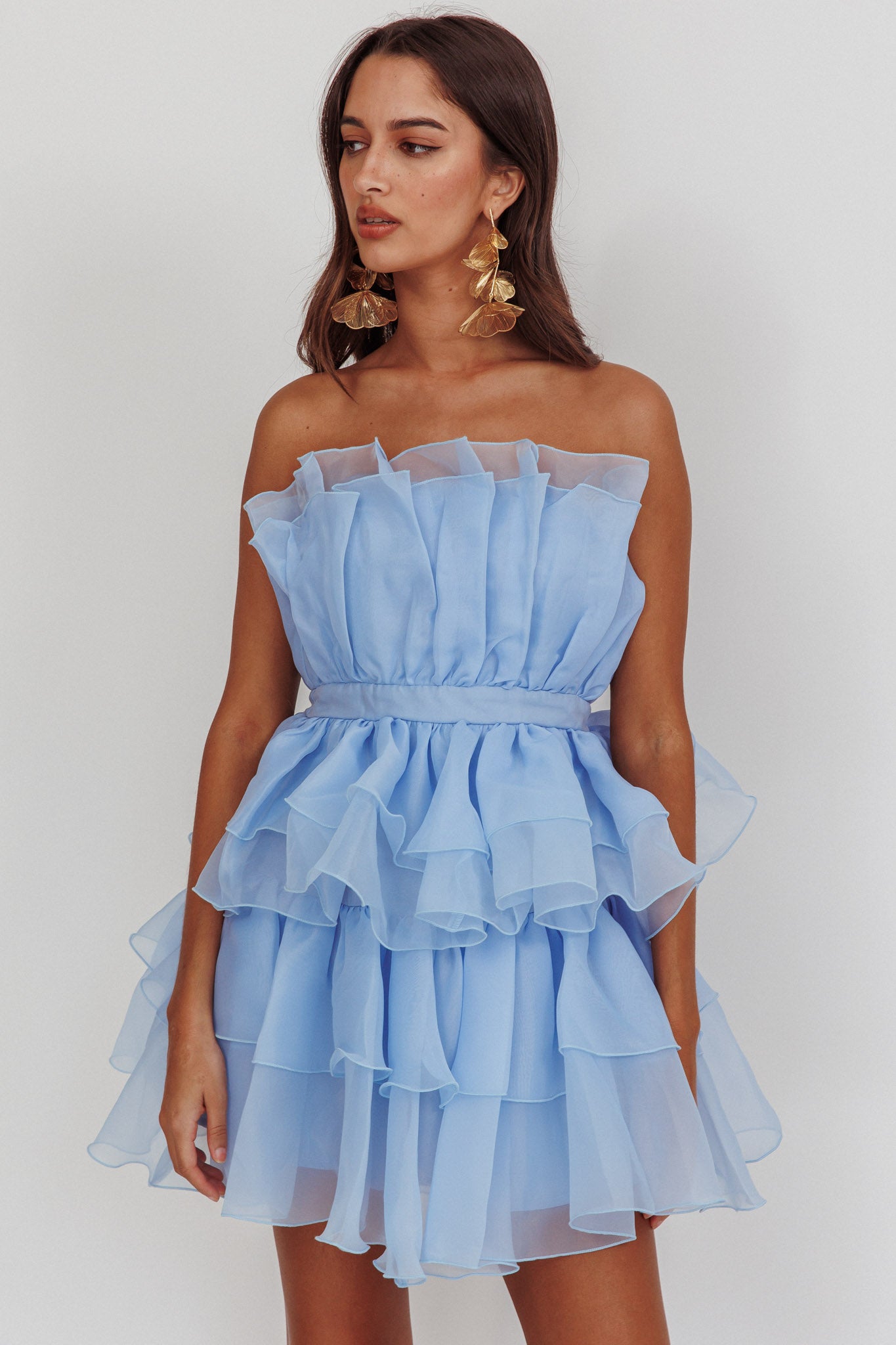Bon Bon Tiered Chiffon Mini Dress Baby Blue-Maymioy