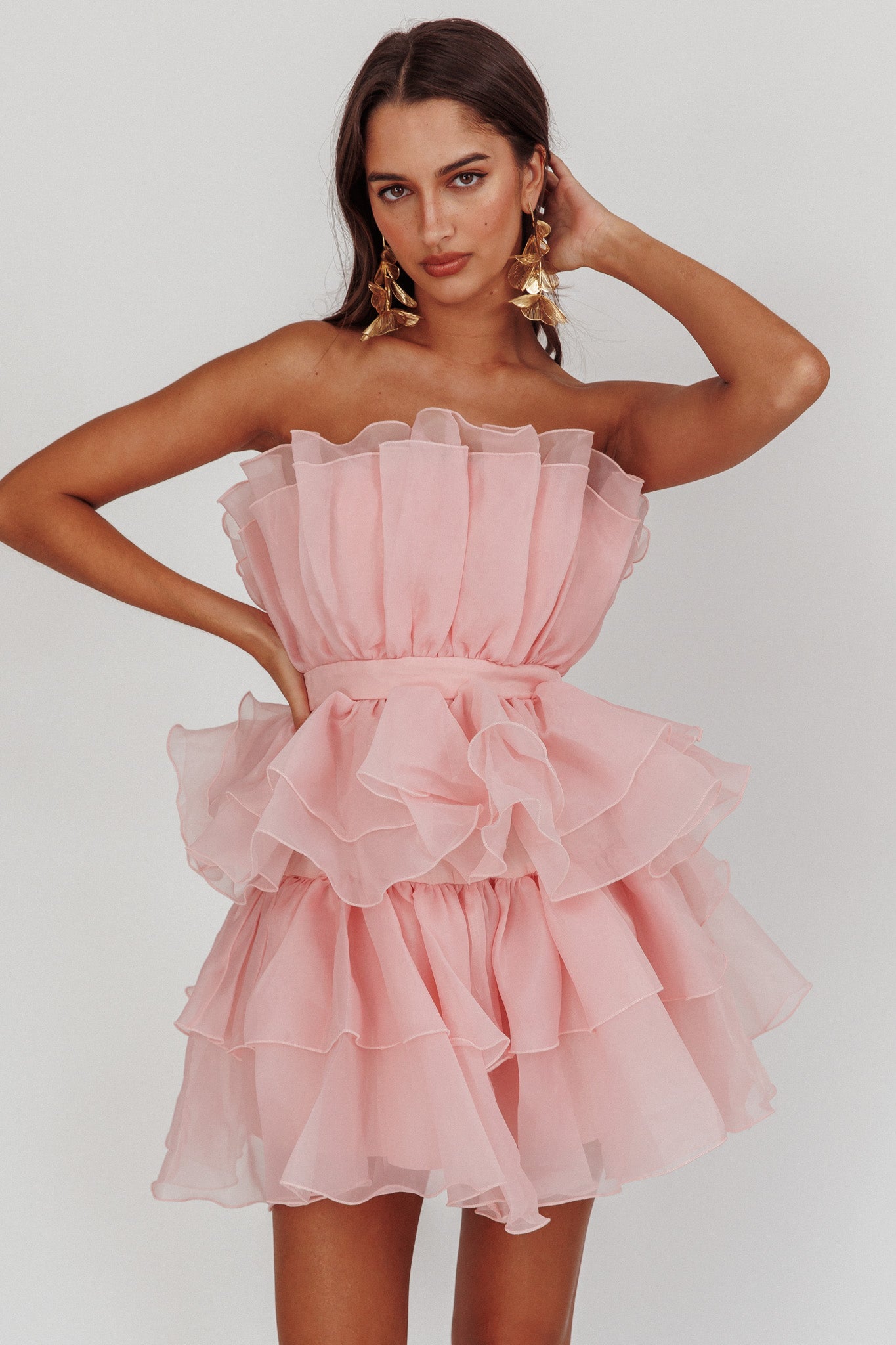 Bon Bon Tiered Chiffon Mini Dress Blush-Maymioy