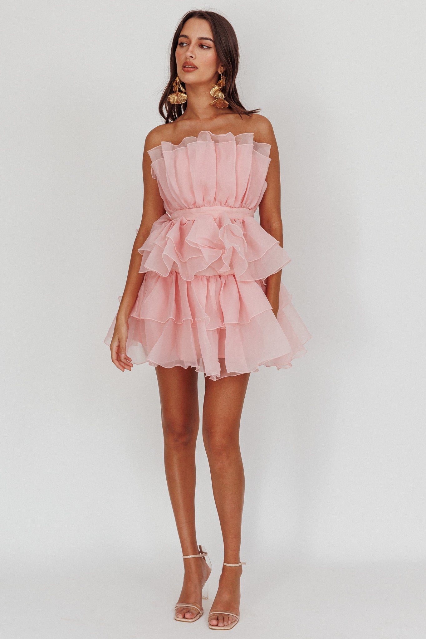 Bon Bon Tiered Chiffon Mini Dress Blush-Maymioy