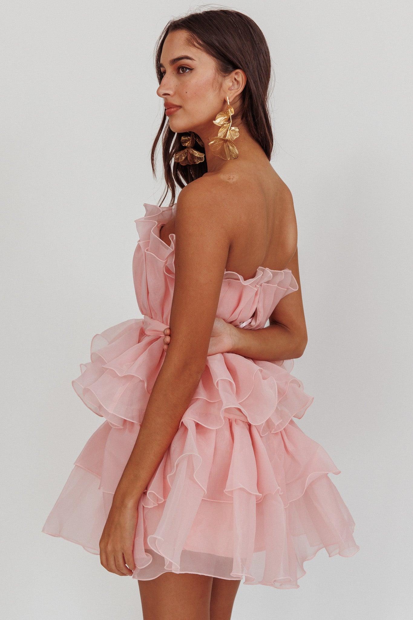 Bon Bon Tiered Chiffon Mini Dress Blush-Maymioy