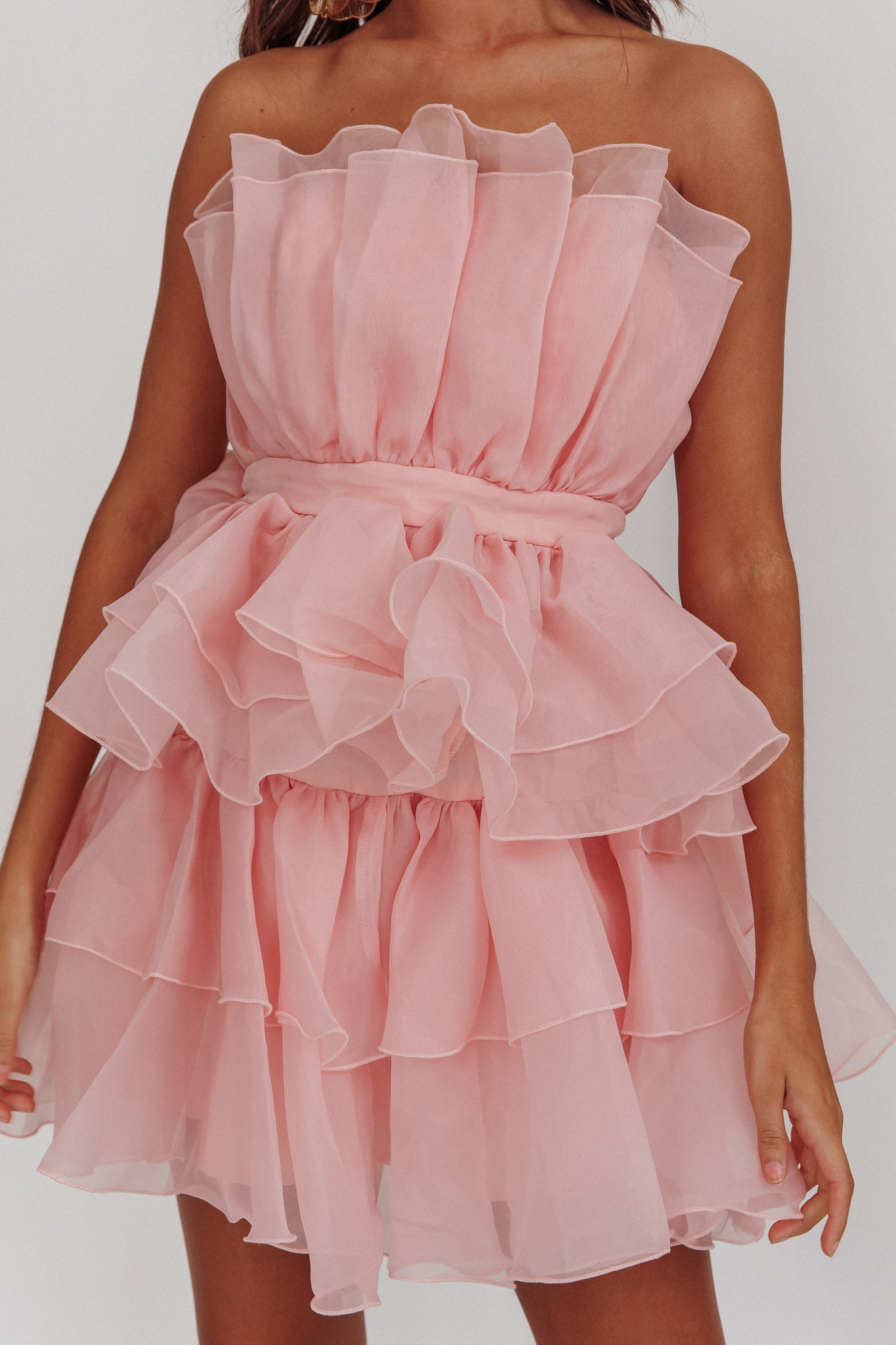 Bon Bon Tiered Chiffon Mini Dress Blush-Maymioy