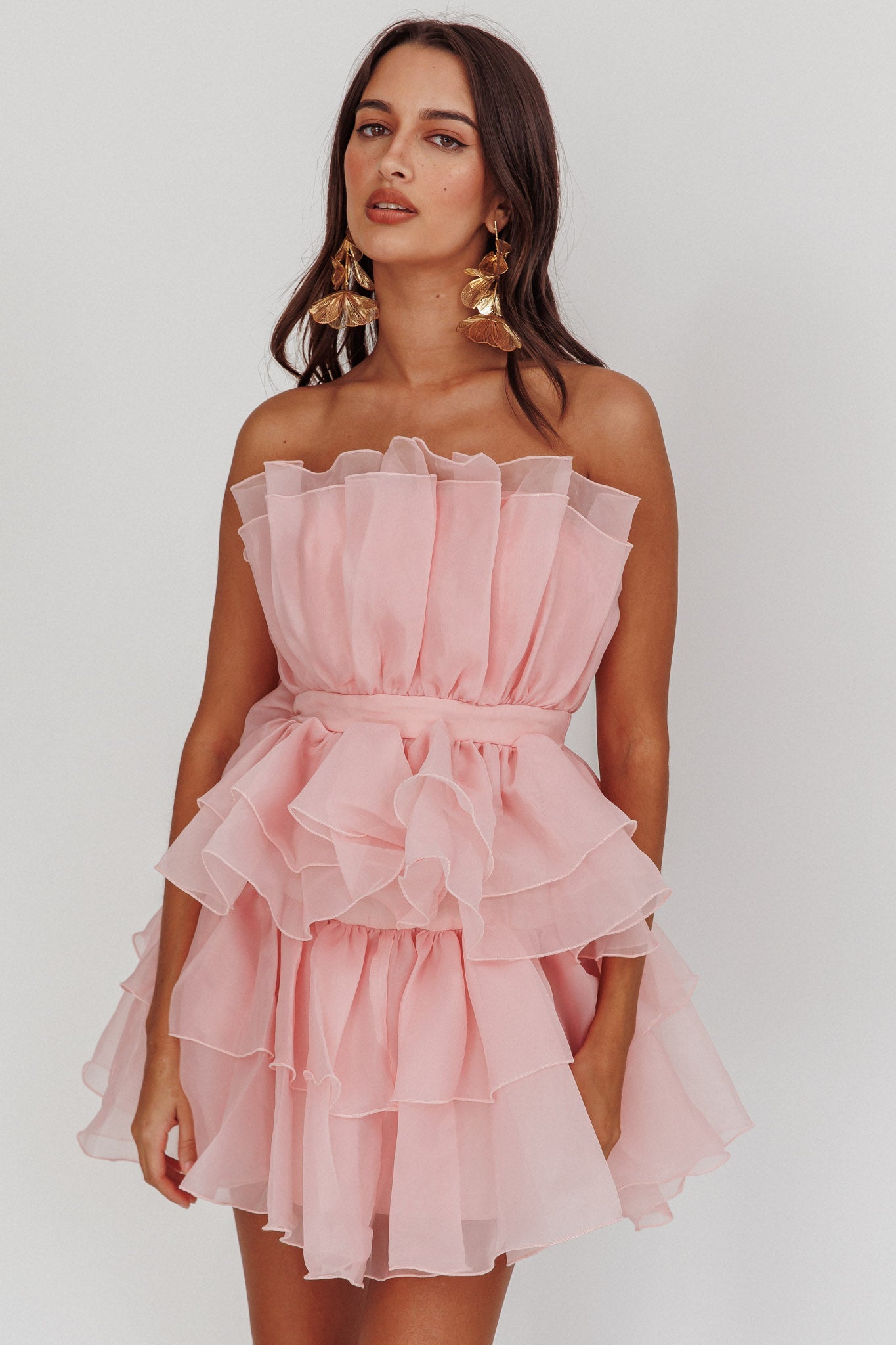 Bon Bon Tiered Chiffon Mini Dress Blush-Maymioy