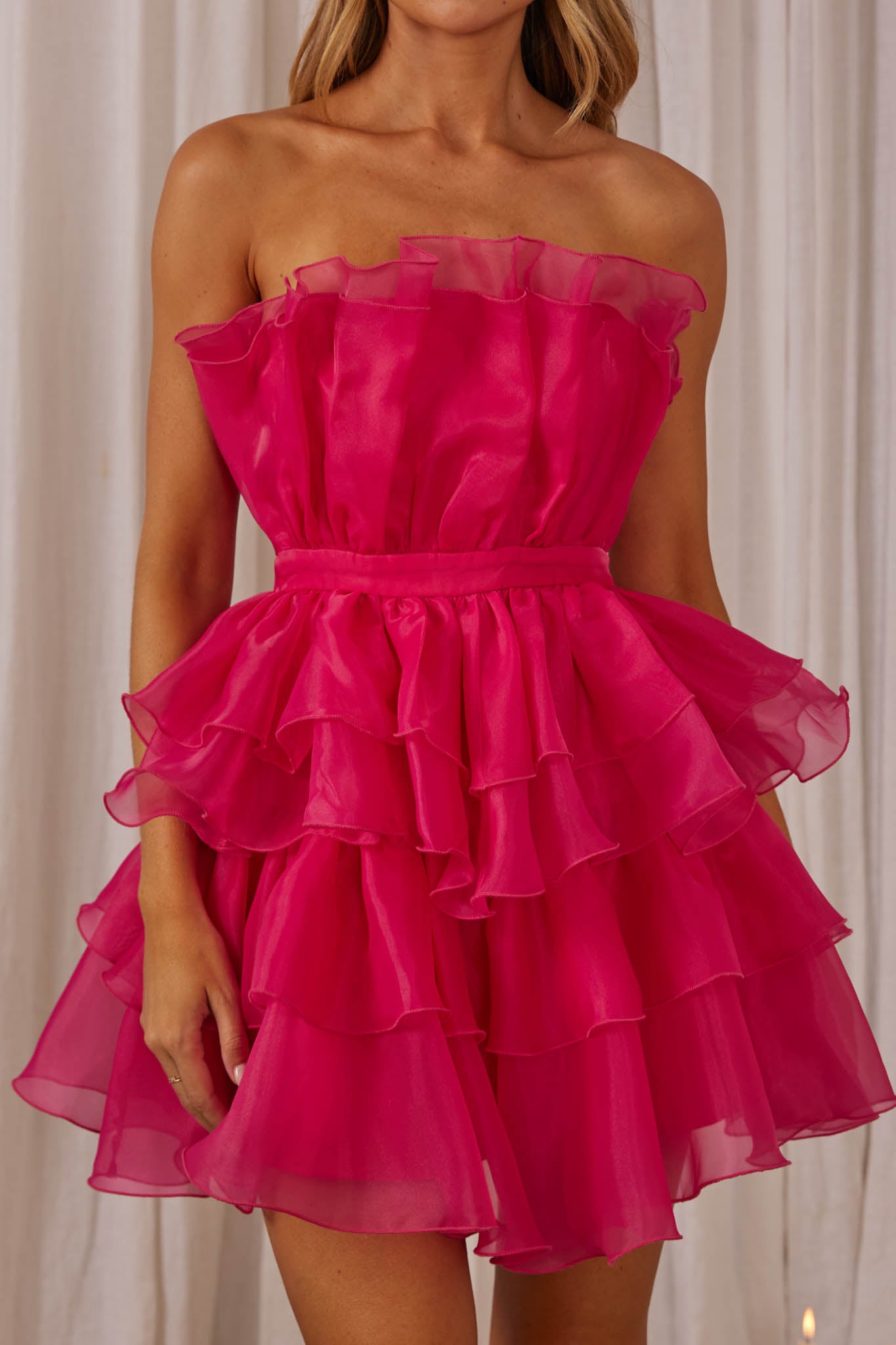 Bon Bon Tiered Chiffon Mini Dress Fuchsia-Maymioy