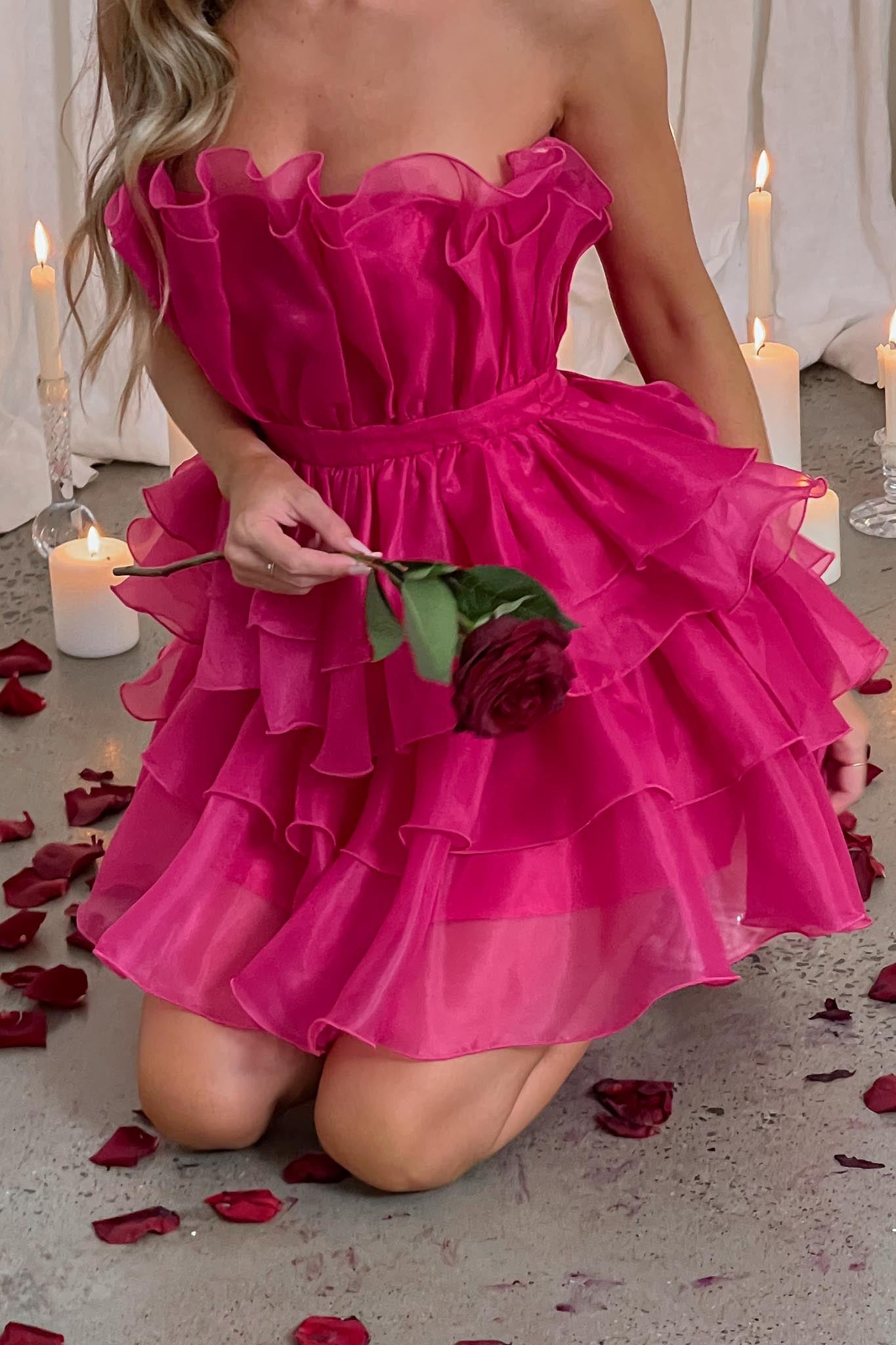 Bon Bon Tiered Chiffon Mini Dress Fuchsia-Maymioy