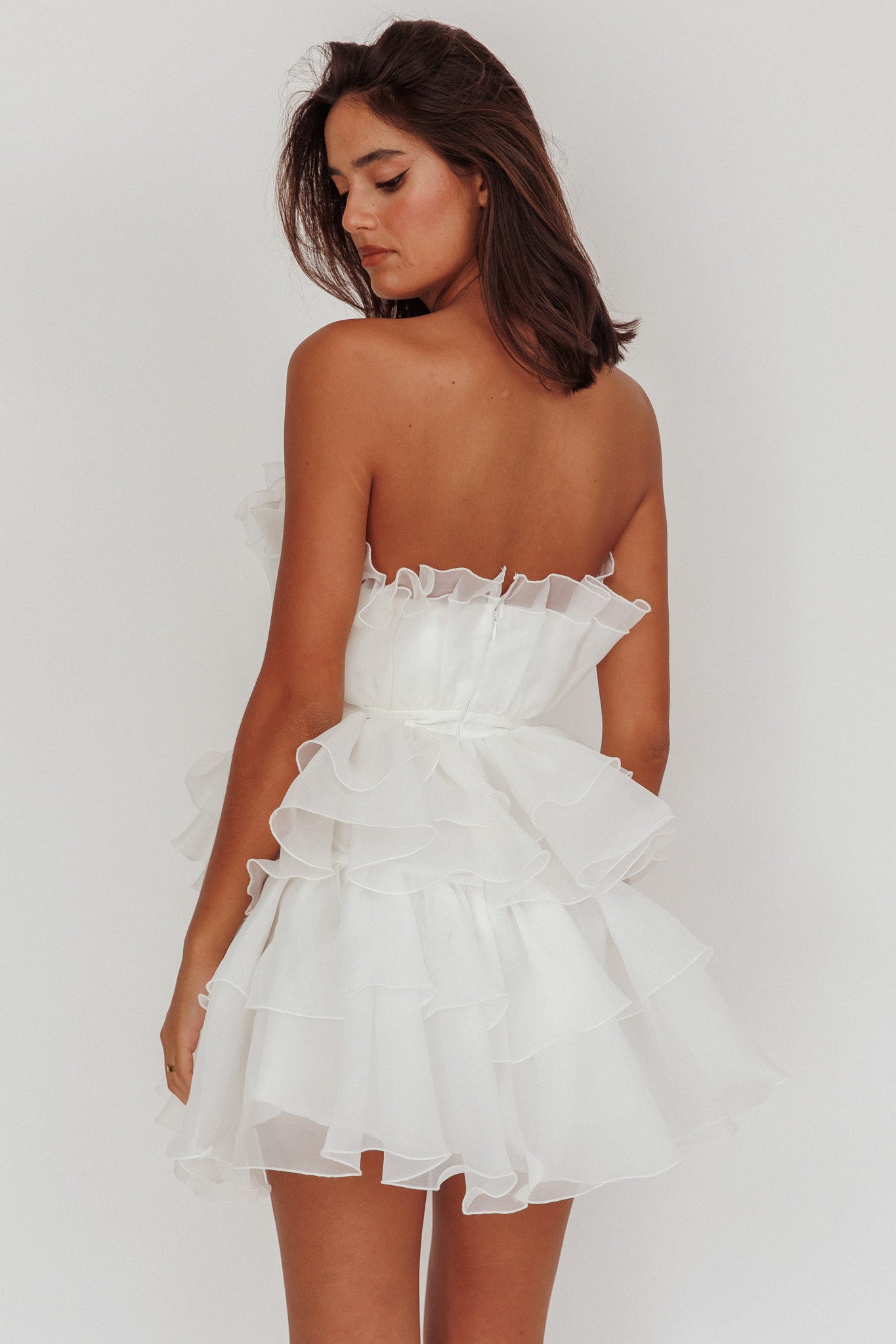Bon Bon Tiered Organza Mini Dress White-Maymioy