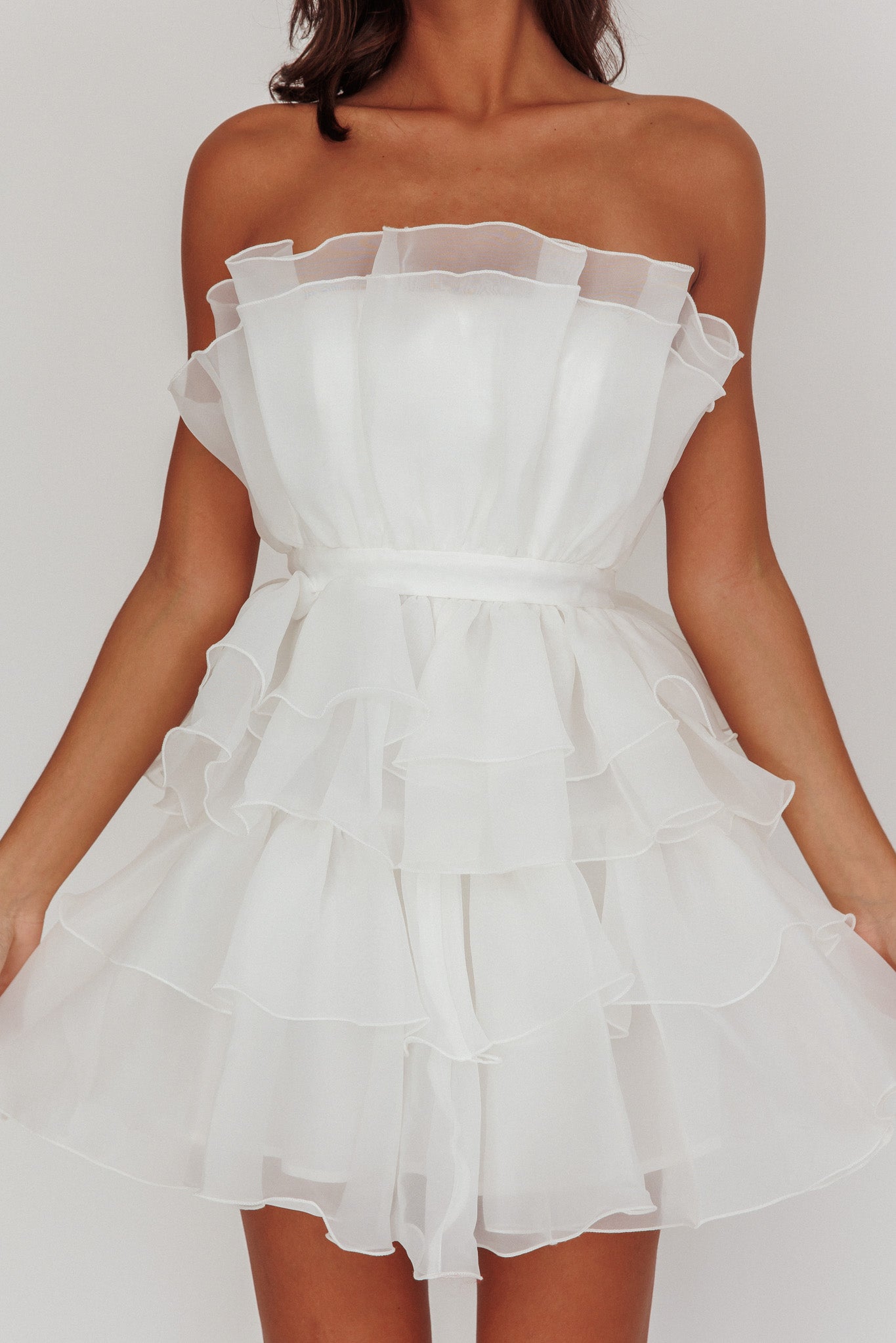 Bon Bon Tiered Organza Mini Dress White-Maymioy