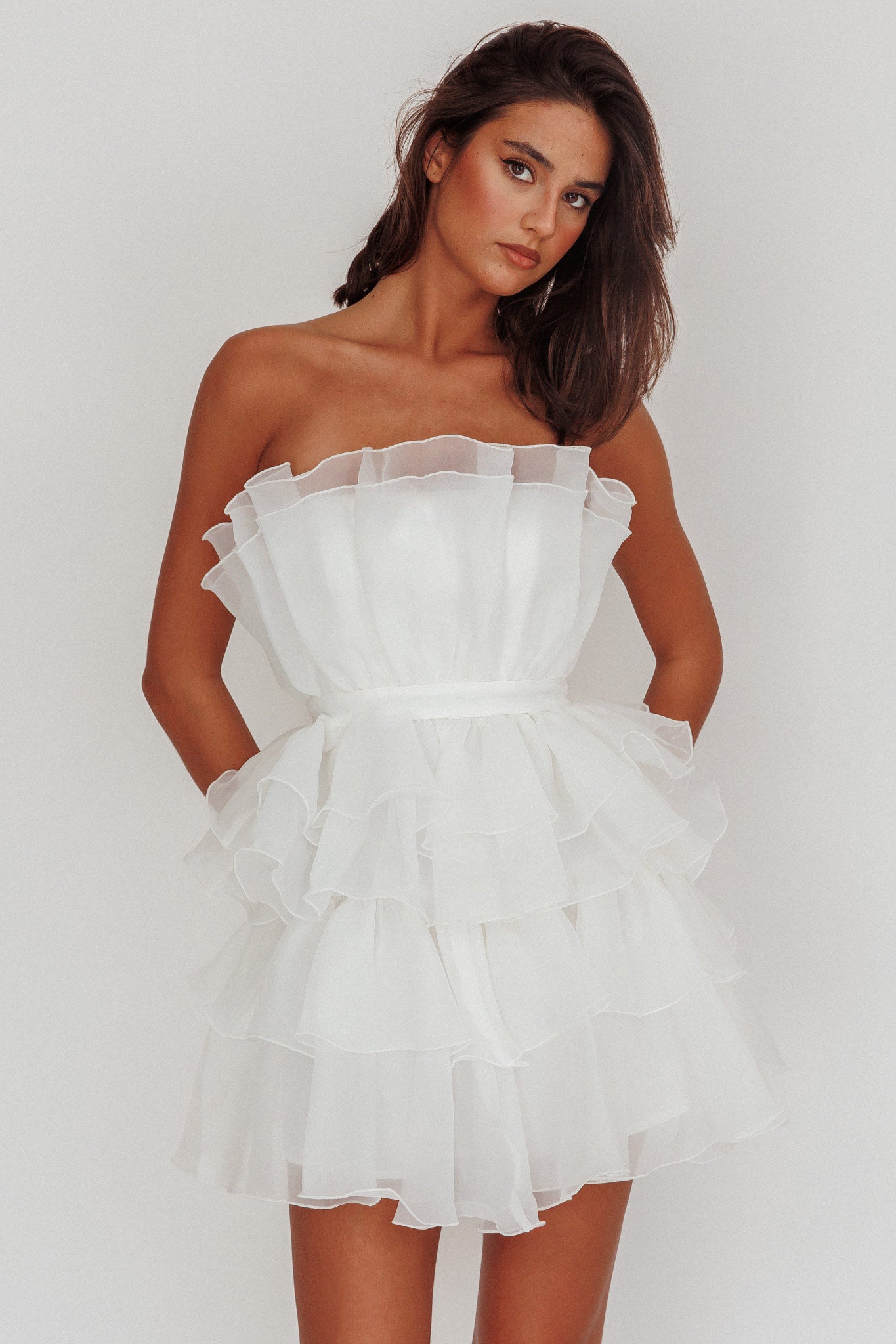 Bon Bon Tiered Organza Mini Dress White-Maymioy