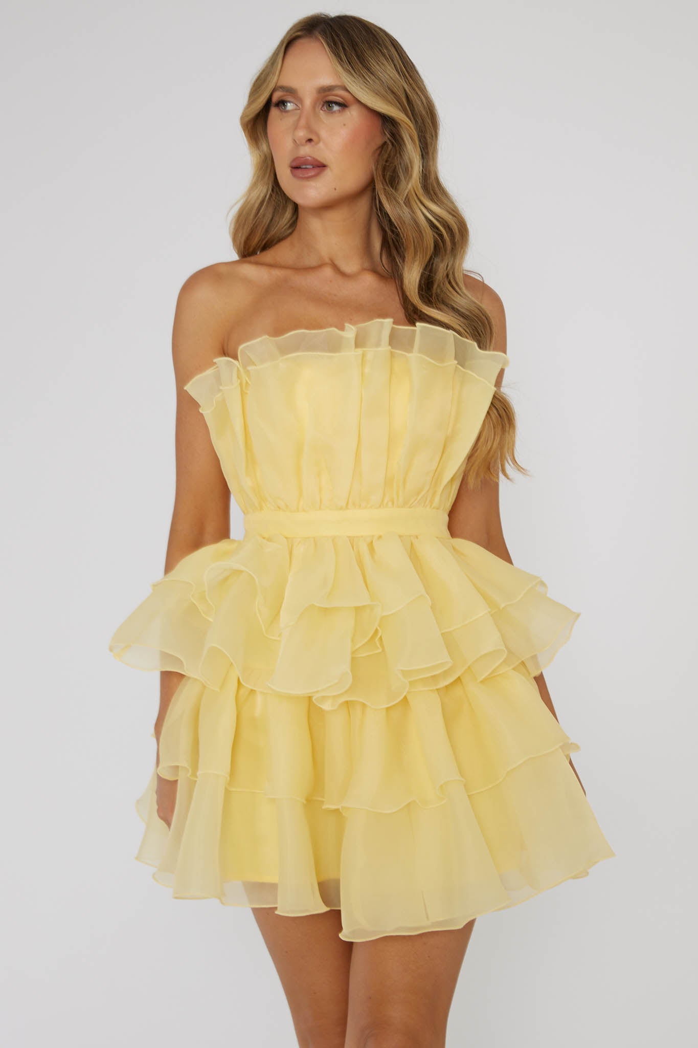 Bon Bon Tiered Chiffon Mini Dress Yellow-Maymioy