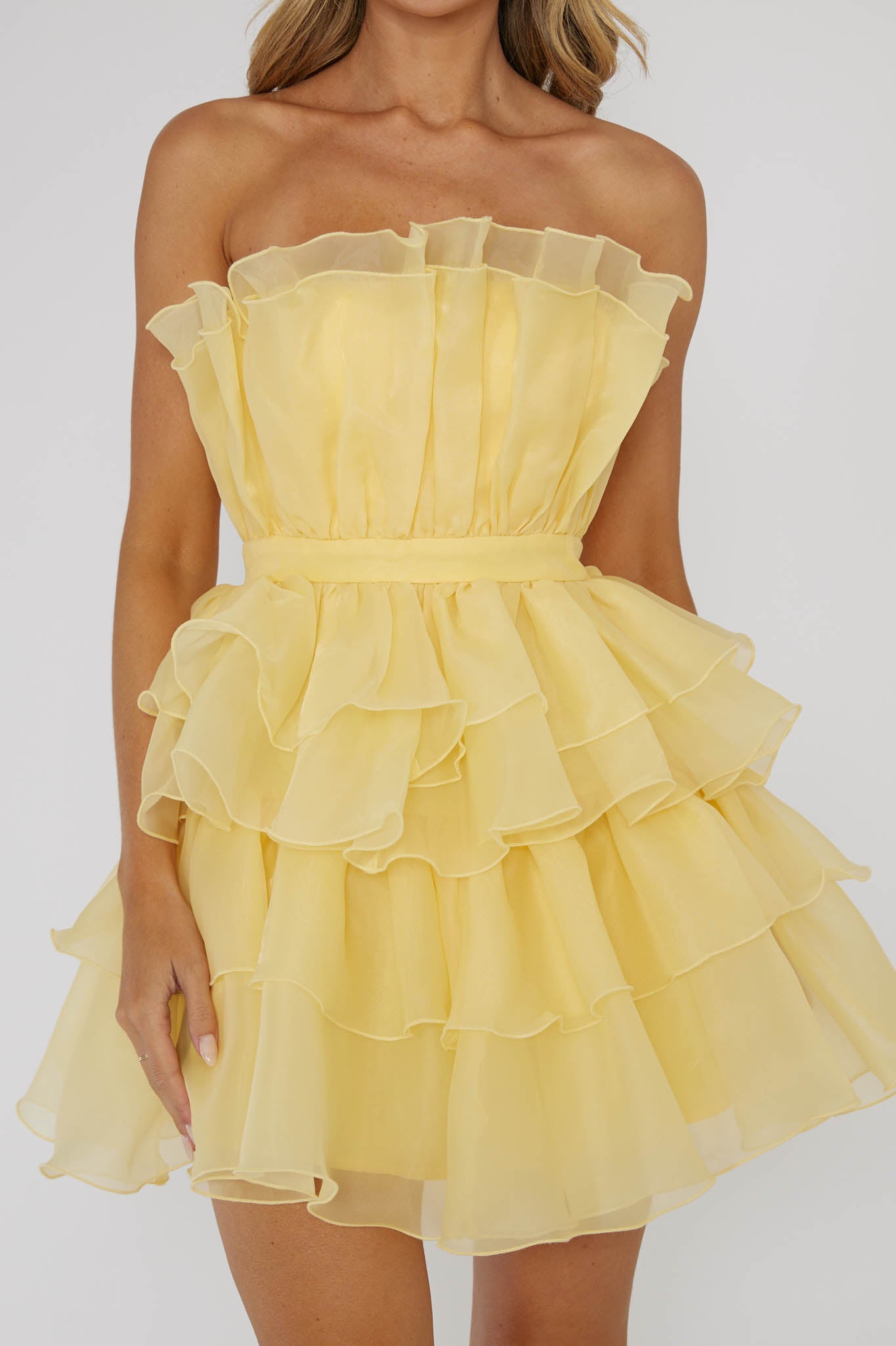Bon Bon Tiered Chiffon Mini Dress Yellow-Maymioy