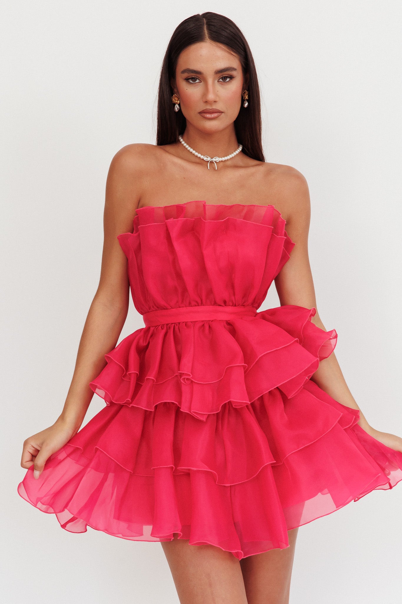 Bon Bon Tiered Chiffon Mini Dress Fuchsia-Maymioy