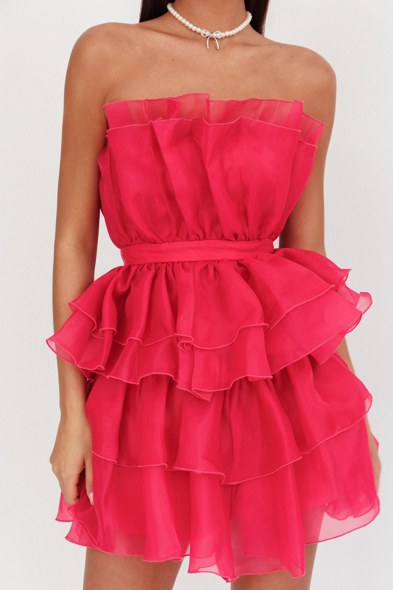 Bon Bon Tiered Chiffon Mini Dress Fuchsia-Maymioy