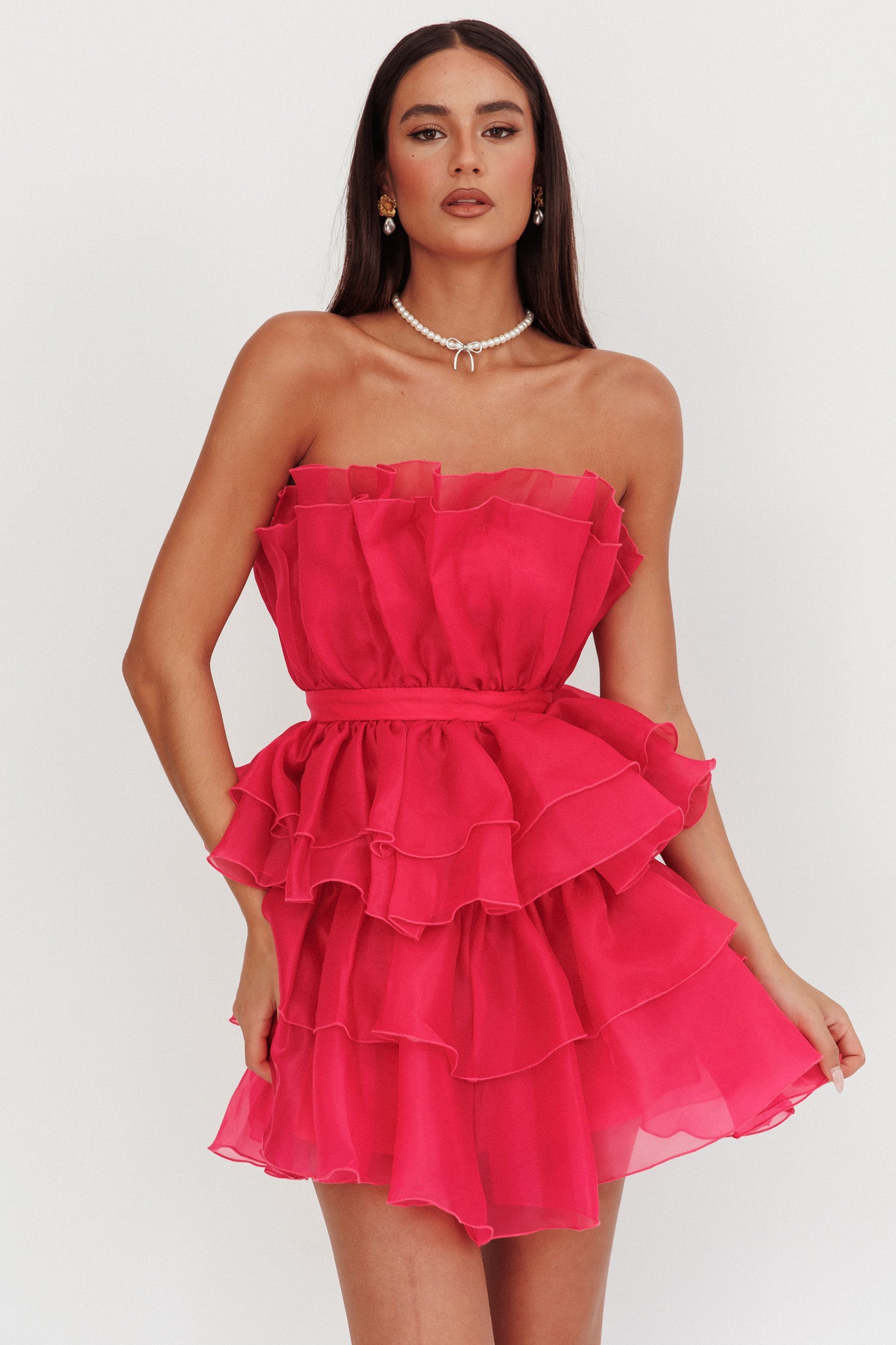 Bon Bon Tiered Chiffon Mini Dress Fuchsia-Maymioy