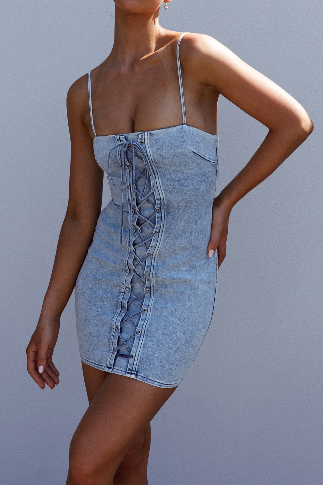 Don't Try Me Lace Up Mini Dress Denim-Maymioy