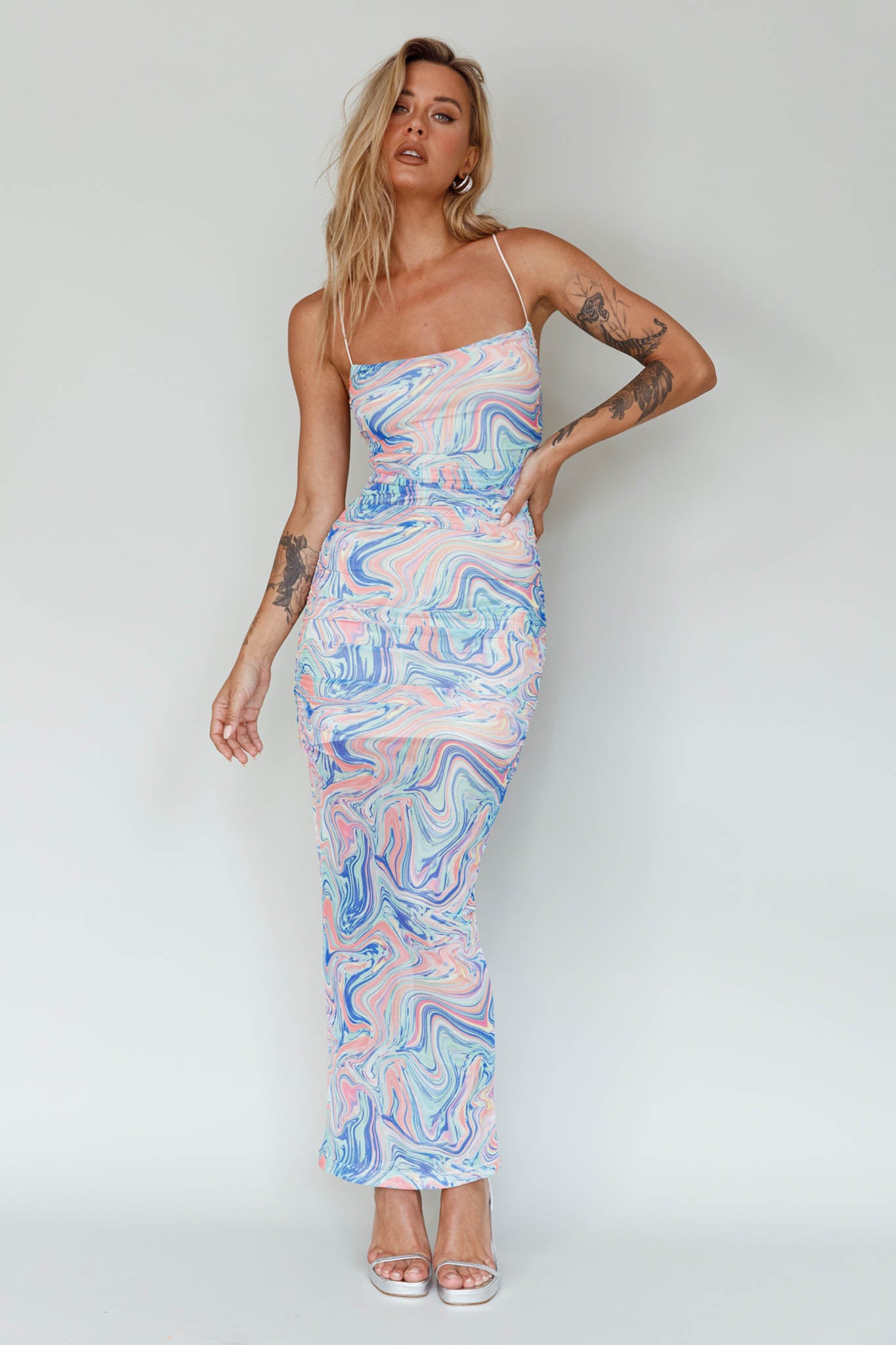 Love In Miami Lace-Up Back Midi Dress Swirl Blue-Maymioy