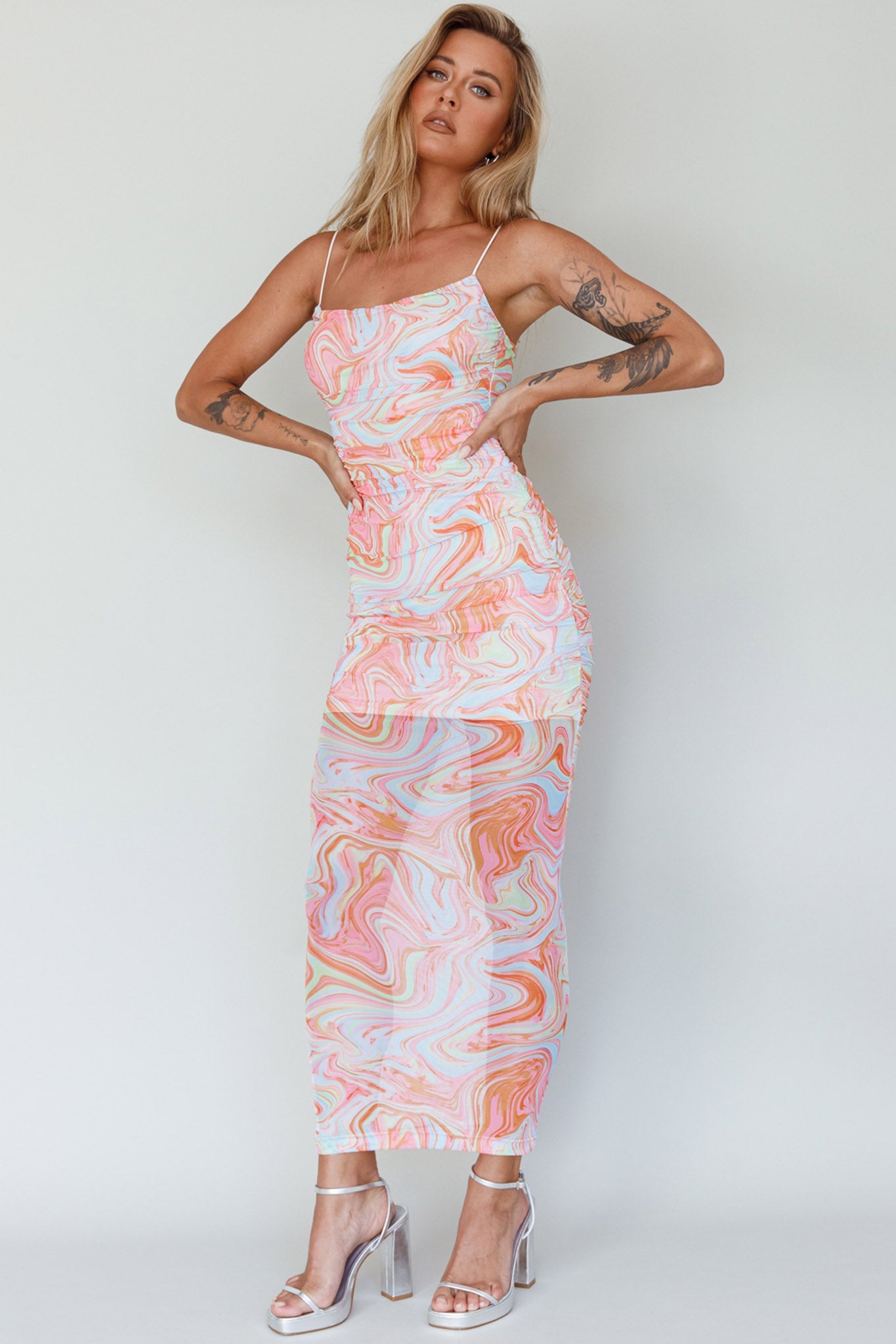 Love In Miami Lace-Up Back Midi Dress Swirl Orange-Maymioy