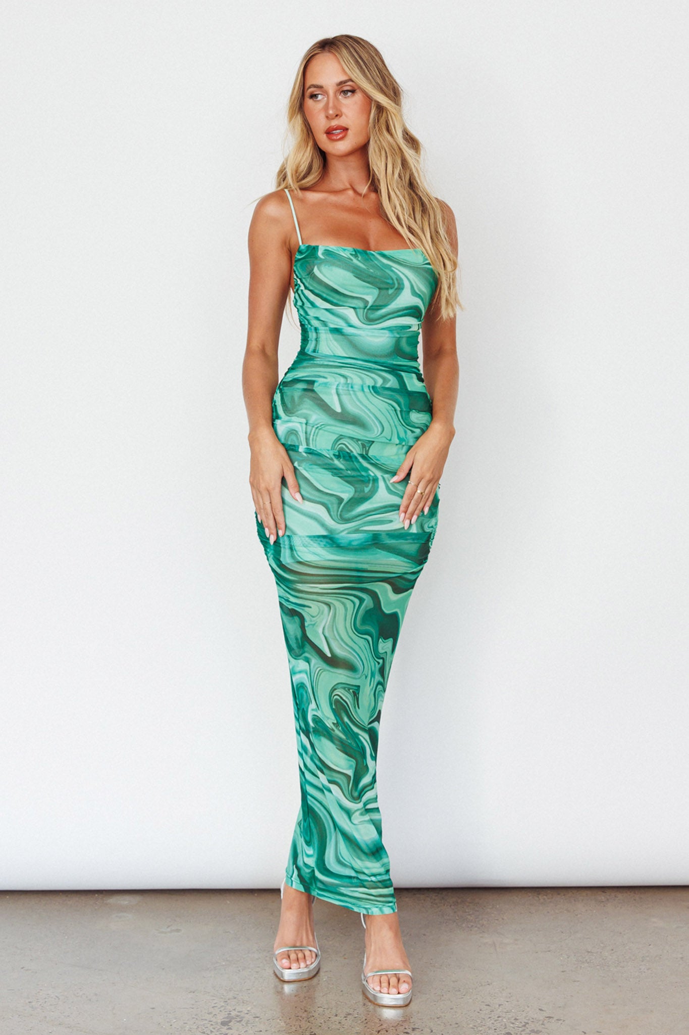 Love In Miami Lace-Up Back Maxi Dress Marble Green-Maymioy