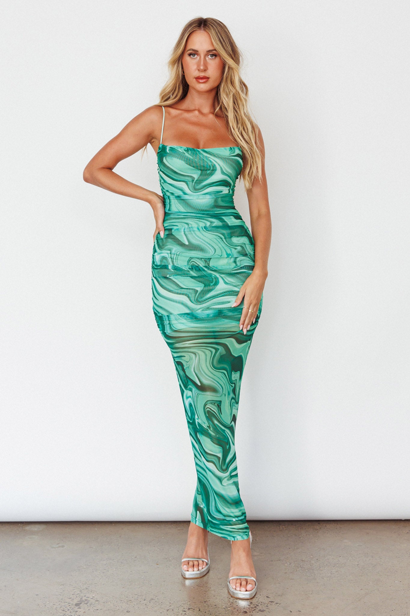 Love In Miami Lace-Up Back Maxi Dress Marble Green-Maymioy