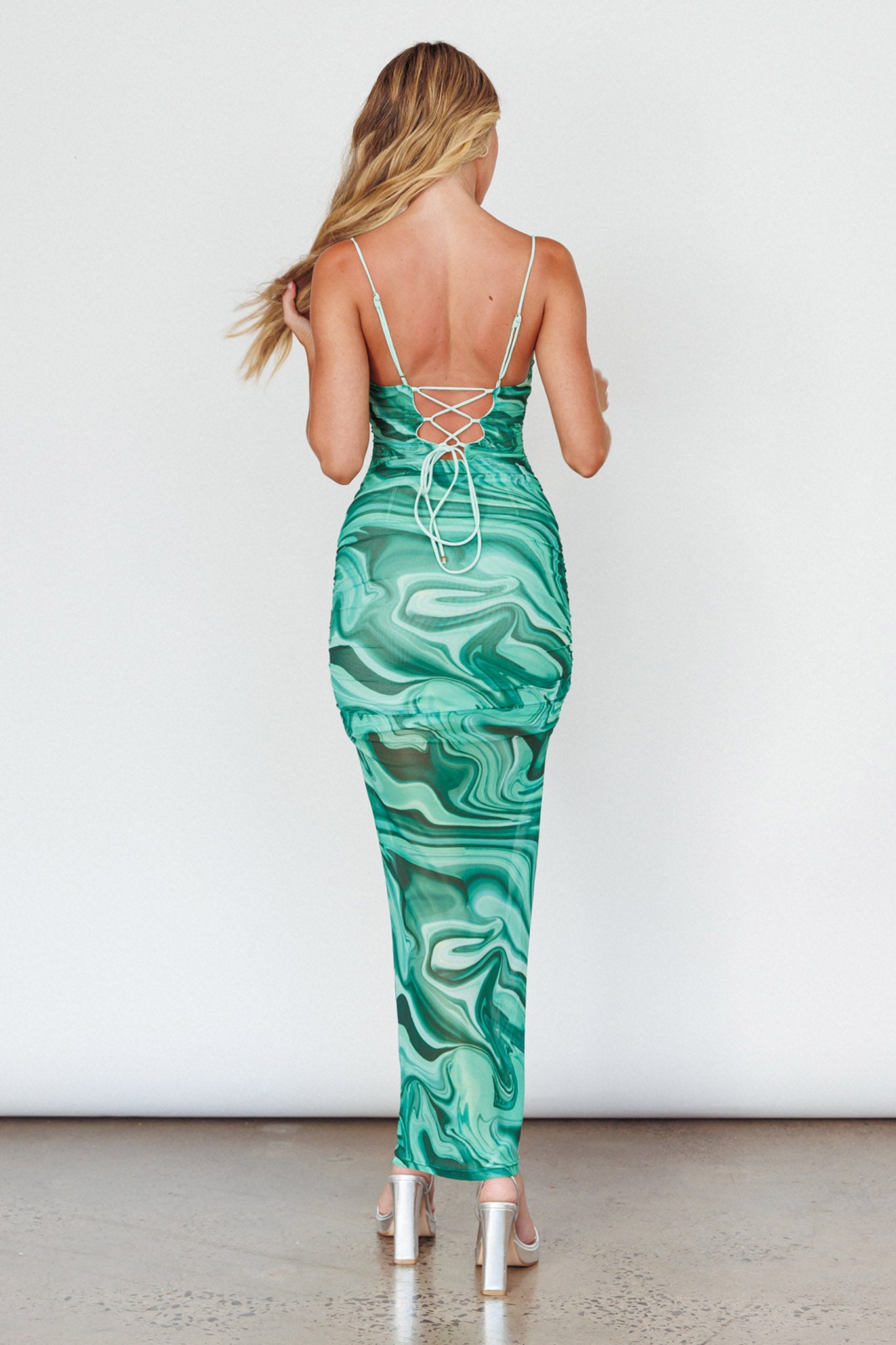 Love In Miami Lace-Up Back Maxi Dress Marble Green-Maymioy