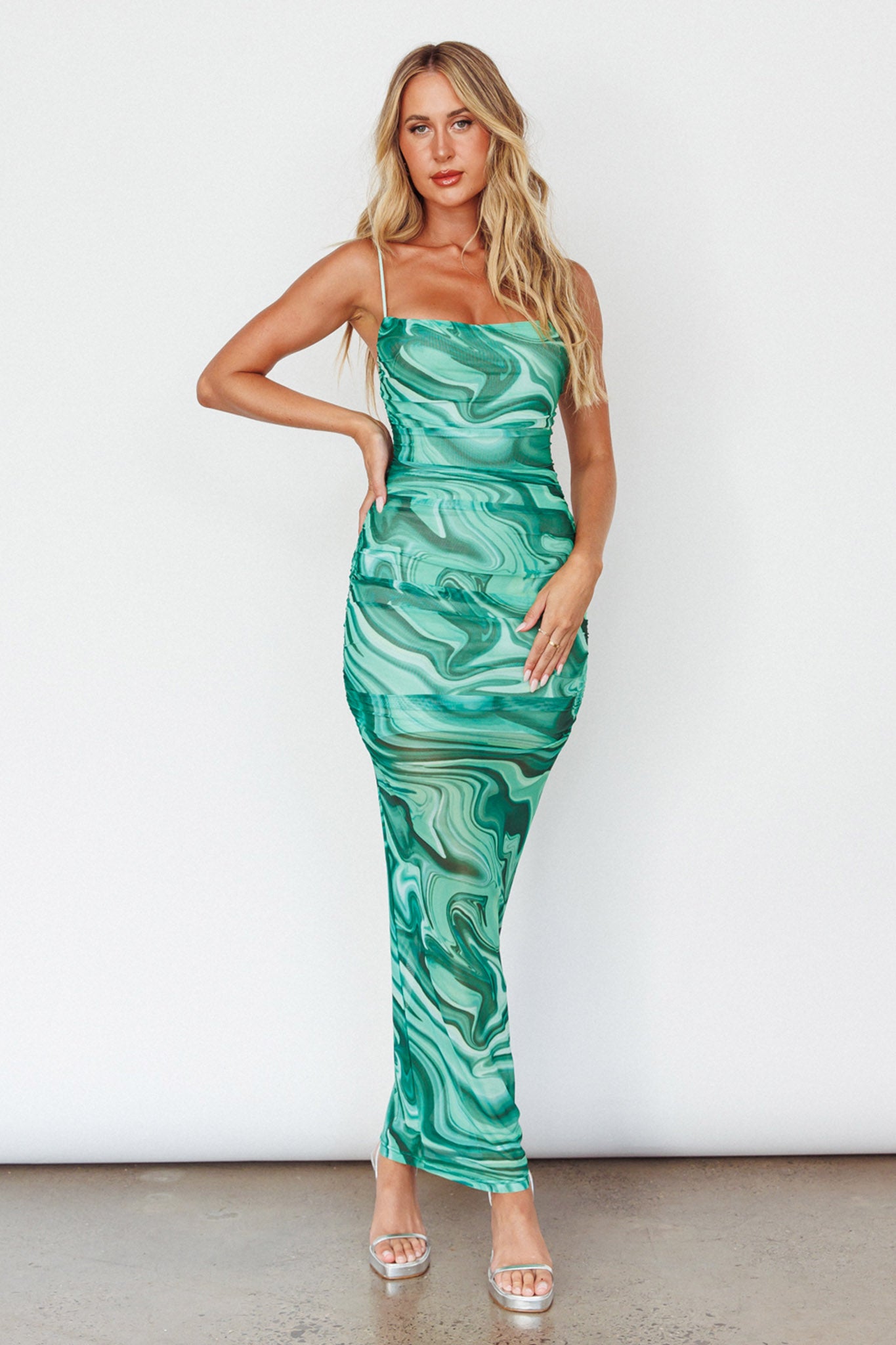 Love In Miami Lace-Up Back Maxi Dress Marble Green-Maymioy