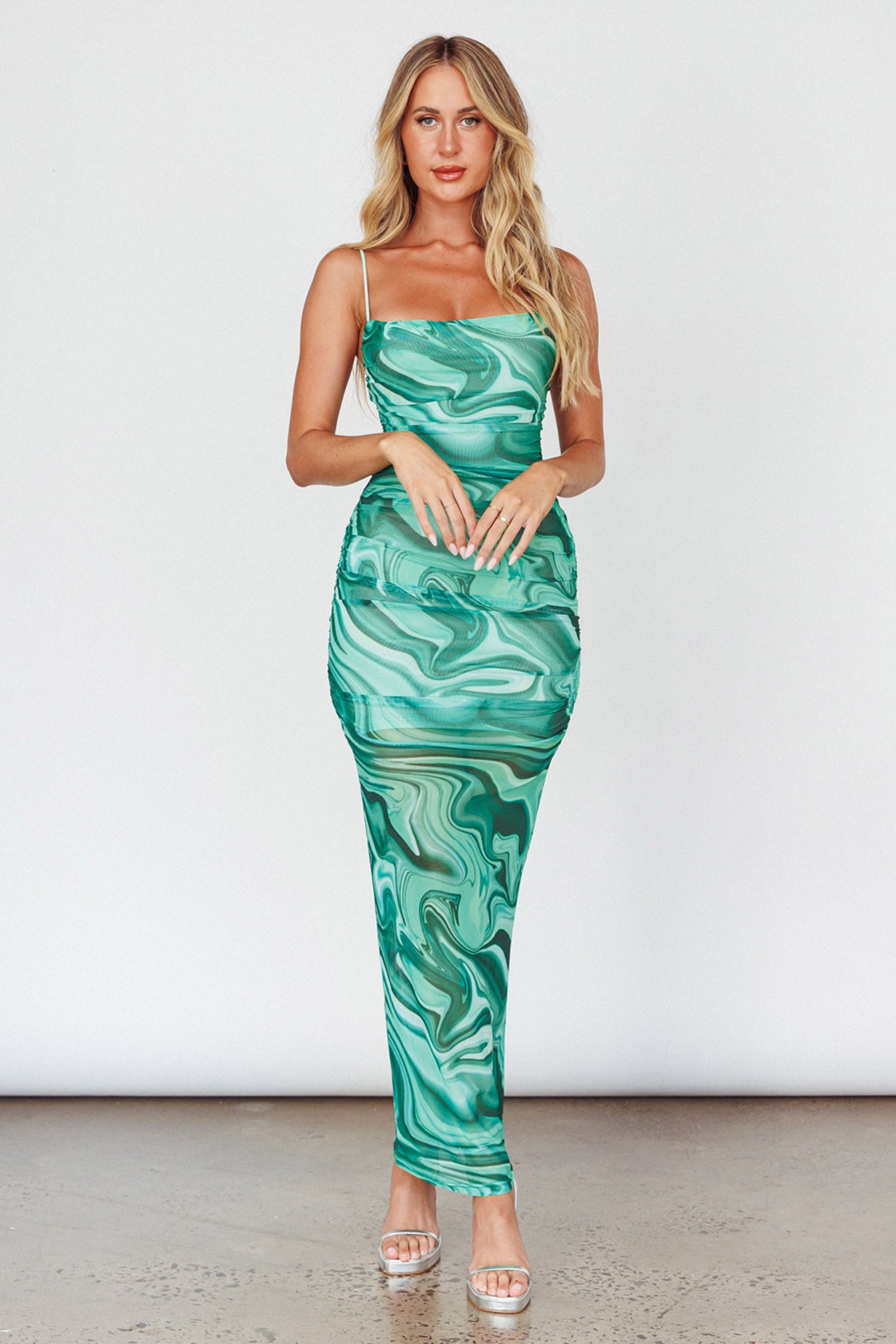 Love In Miami Lace-Up Back Maxi Dress Marble Green-Maymioy