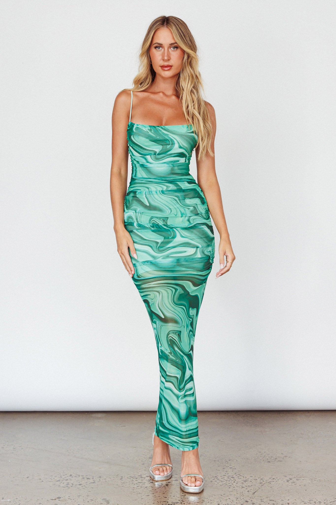 Love In Miami Lace-Up Back Maxi Dress Marble Green-Maymioy