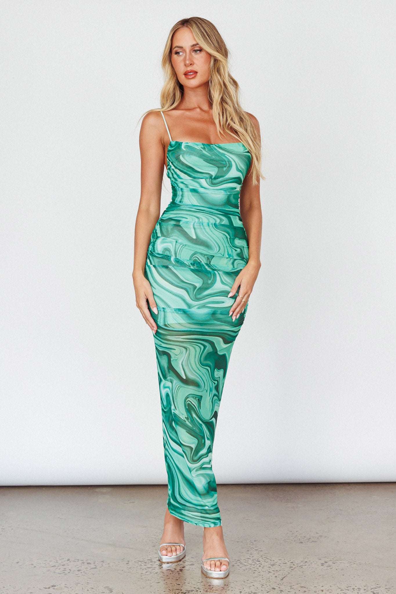 Love In Miami Lace-Up Back Maxi Dress Marble Green-Maymioy