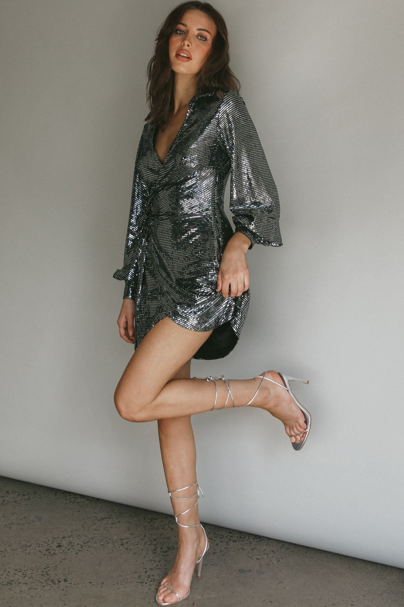 Ruma Faux Wrap Shirt Dress Sequin Metal-Maymioy