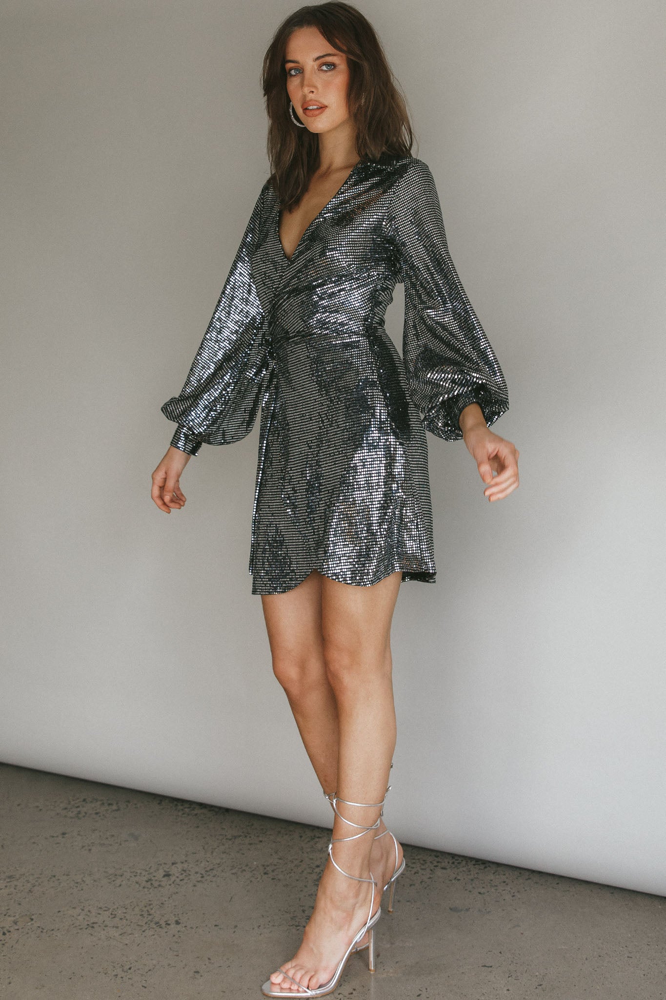 Ruma Faux Wrap Shirt Dress Sequin Metal-Maymioy