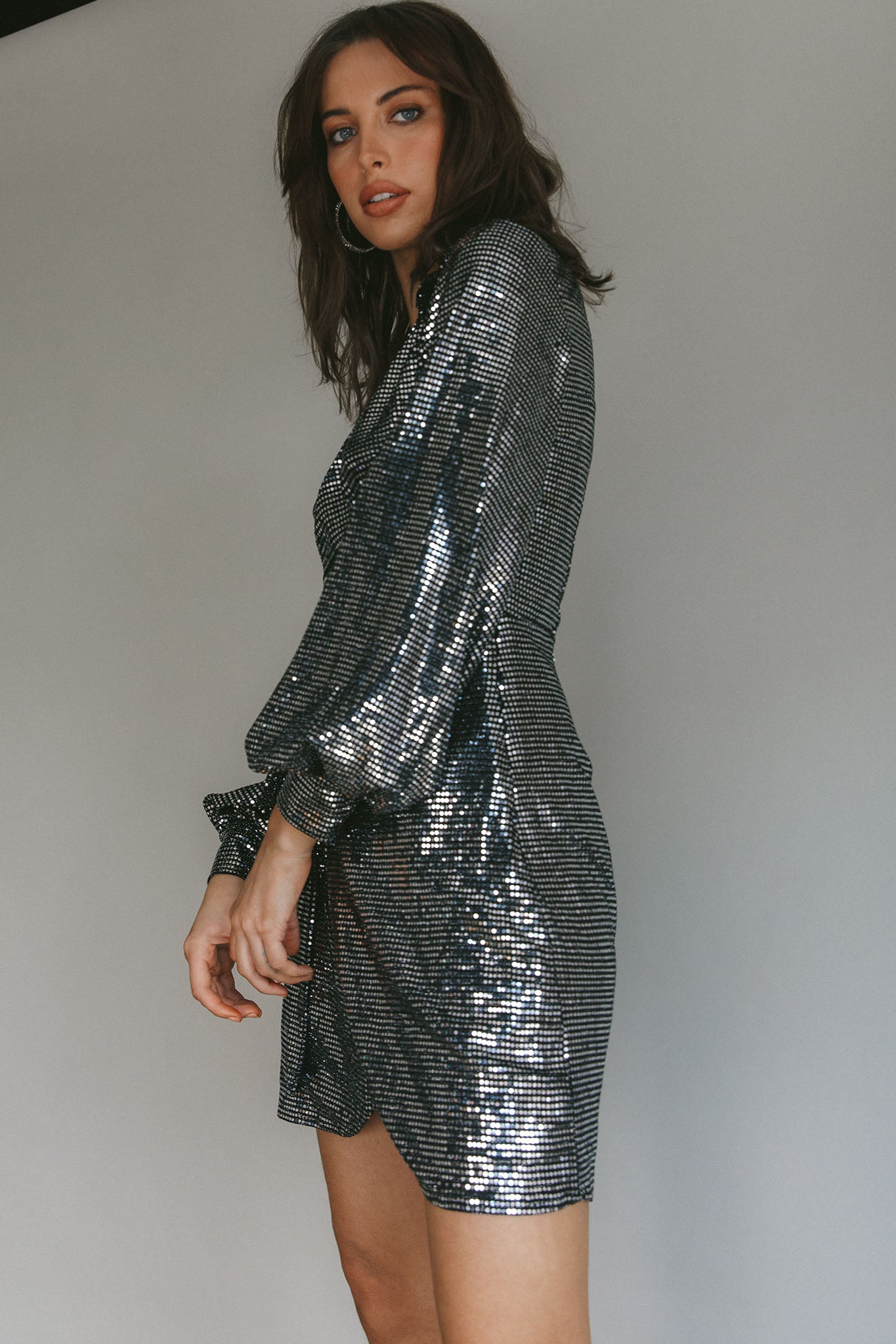 Ruma Faux Wrap Shirt Dress Sequin Metal-Maymioy