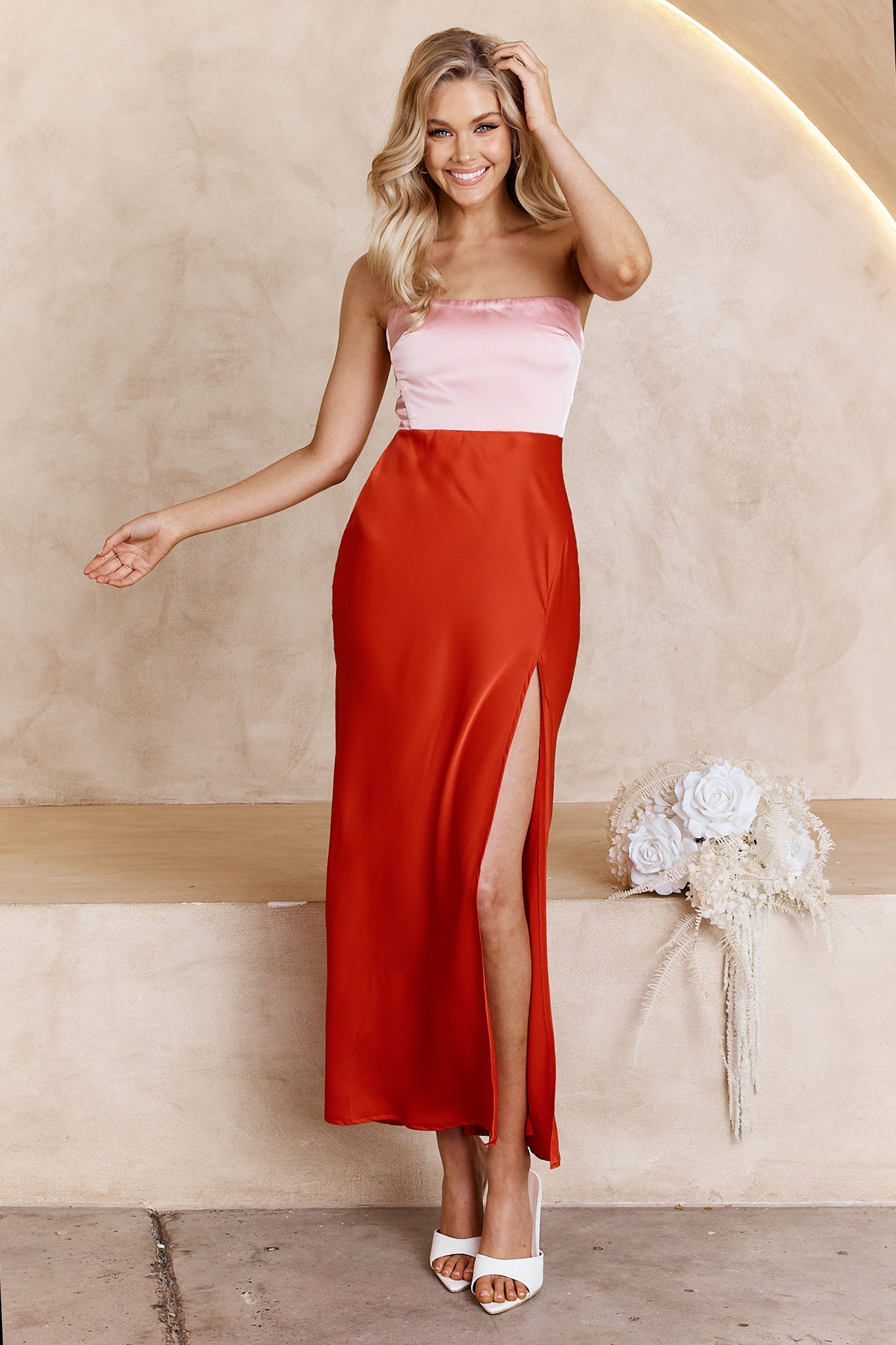Everlee Strapless Split Midi Dress Pink-Maymioy
