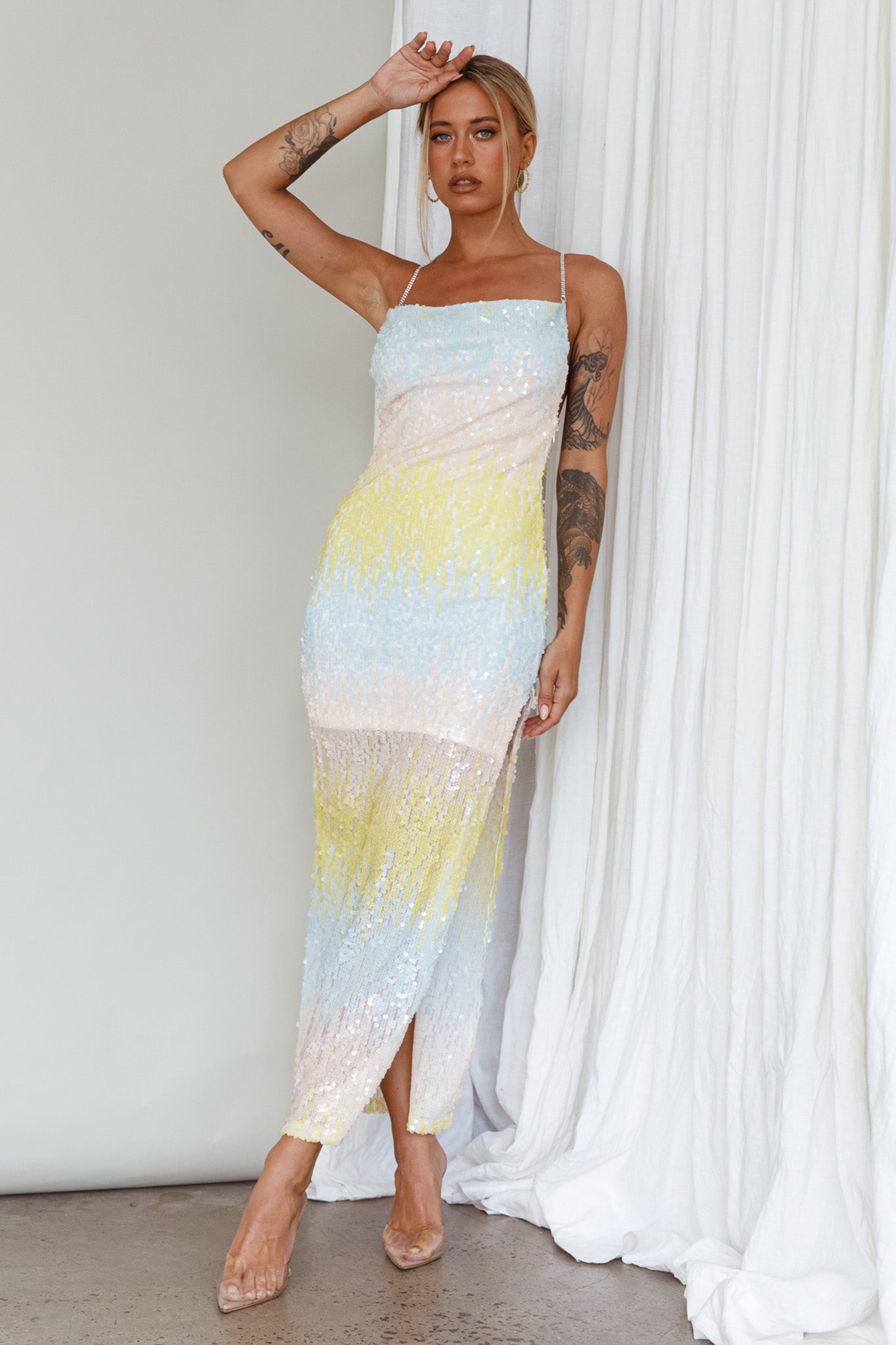 Gleaming Diamante Strap Midi Dress Sequin Lemon-Maymioy