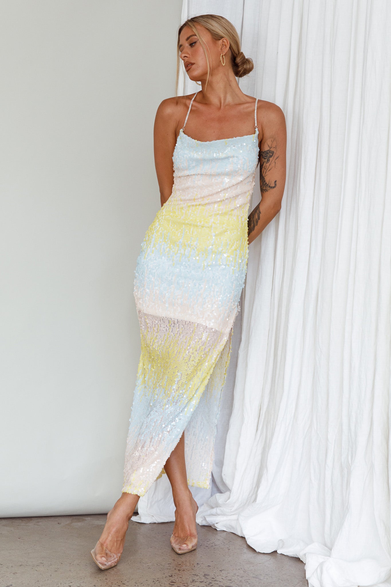 Gleaming Diamante Strap Midi Dress Sequin Lemon-Maymioy