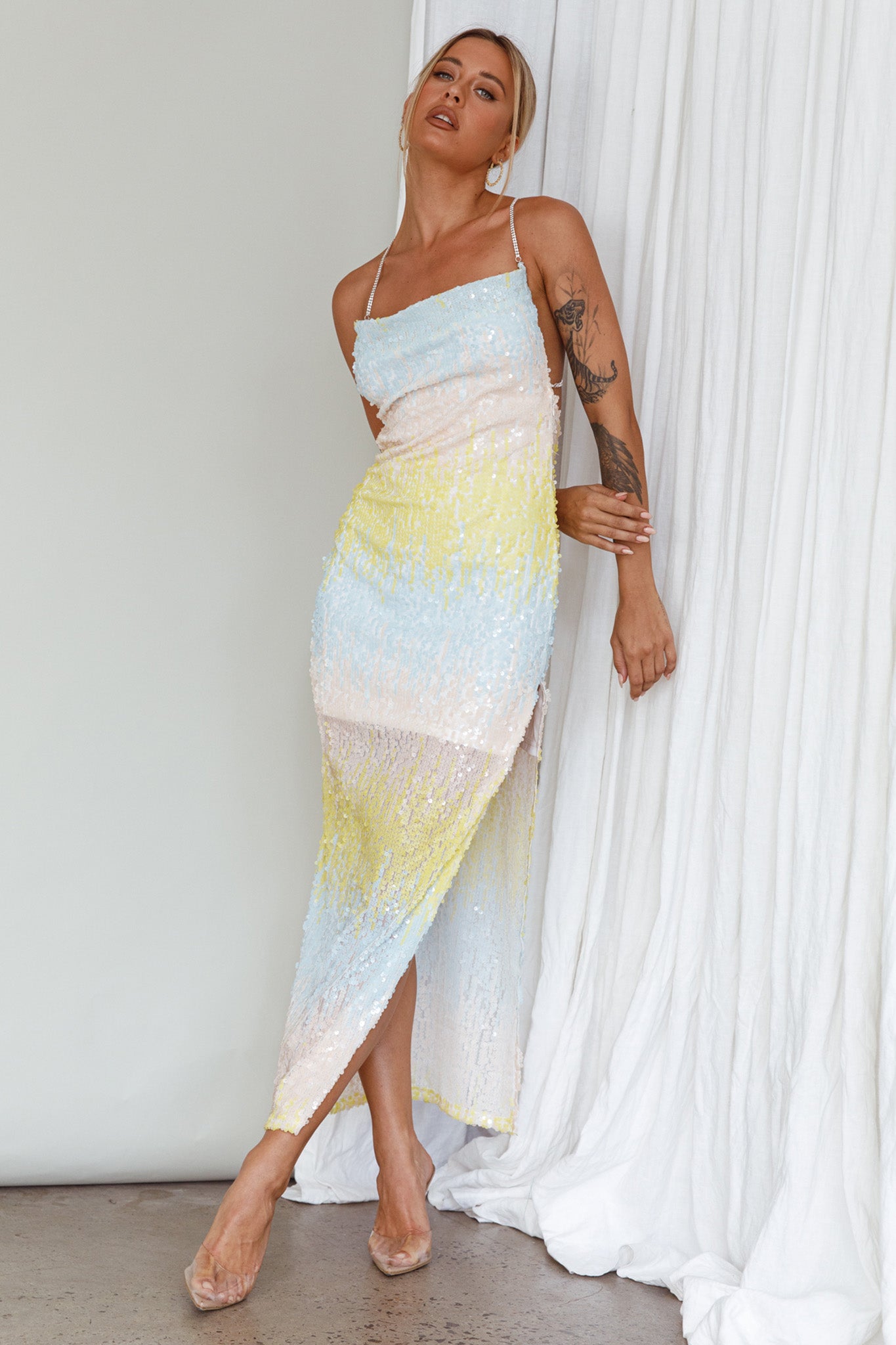 Gleaming Diamante Strap Midi Dress Sequin Lemon-Maymioy