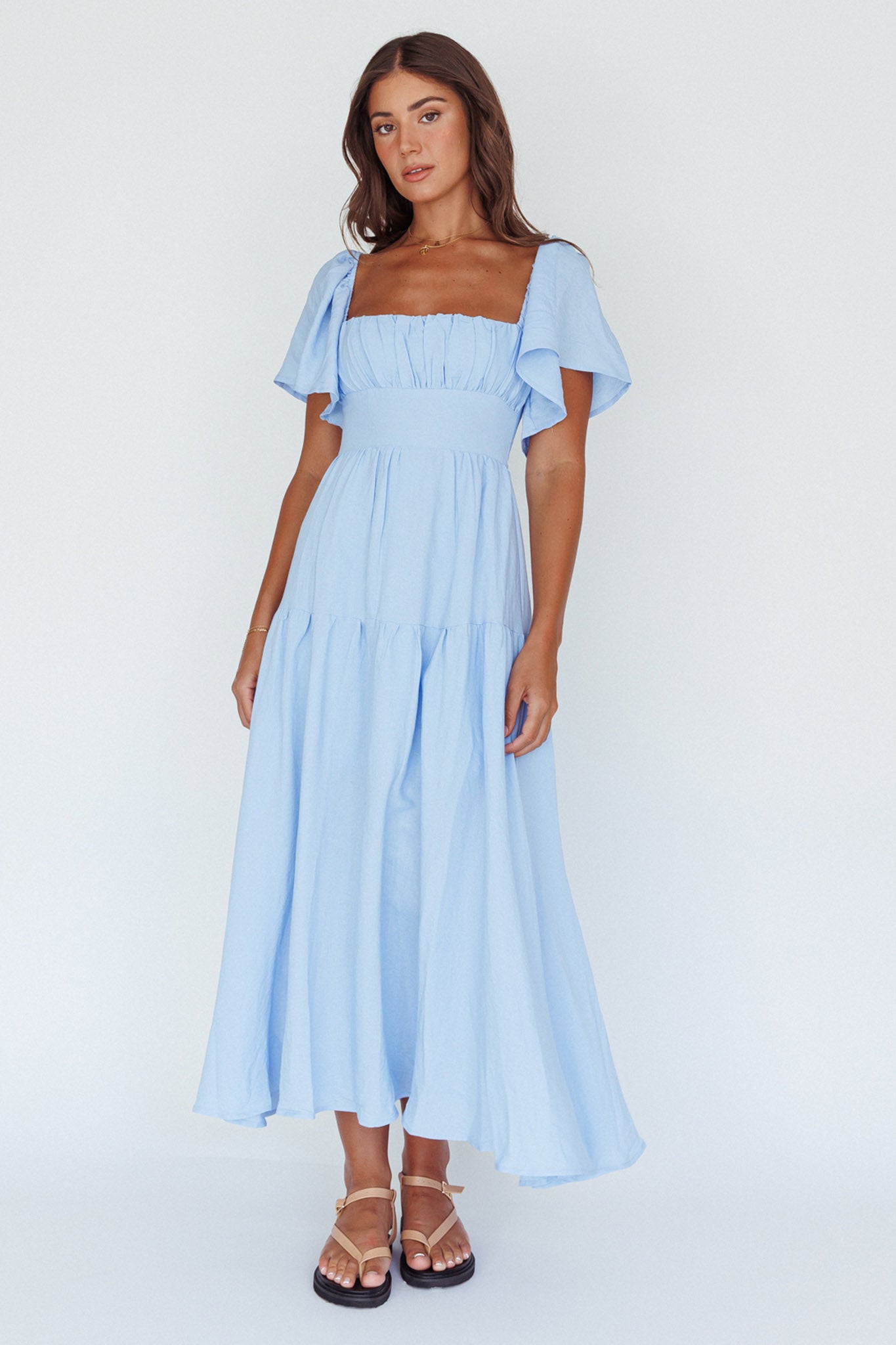 Lula Gathered Bust Midi Dress Blue-Maymioy
