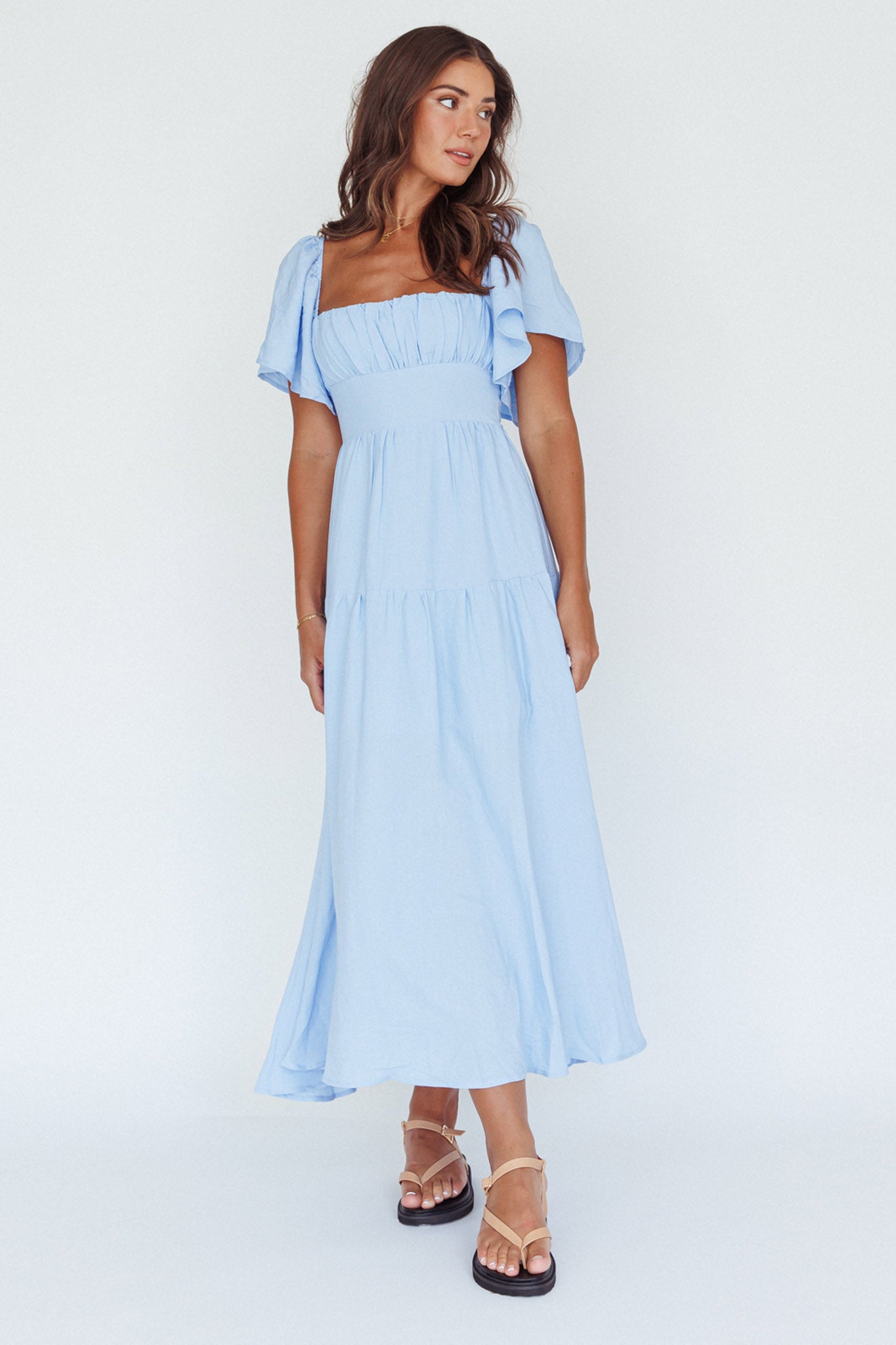 Lula Gathered Bust Midi Dress Blue-Maymioy