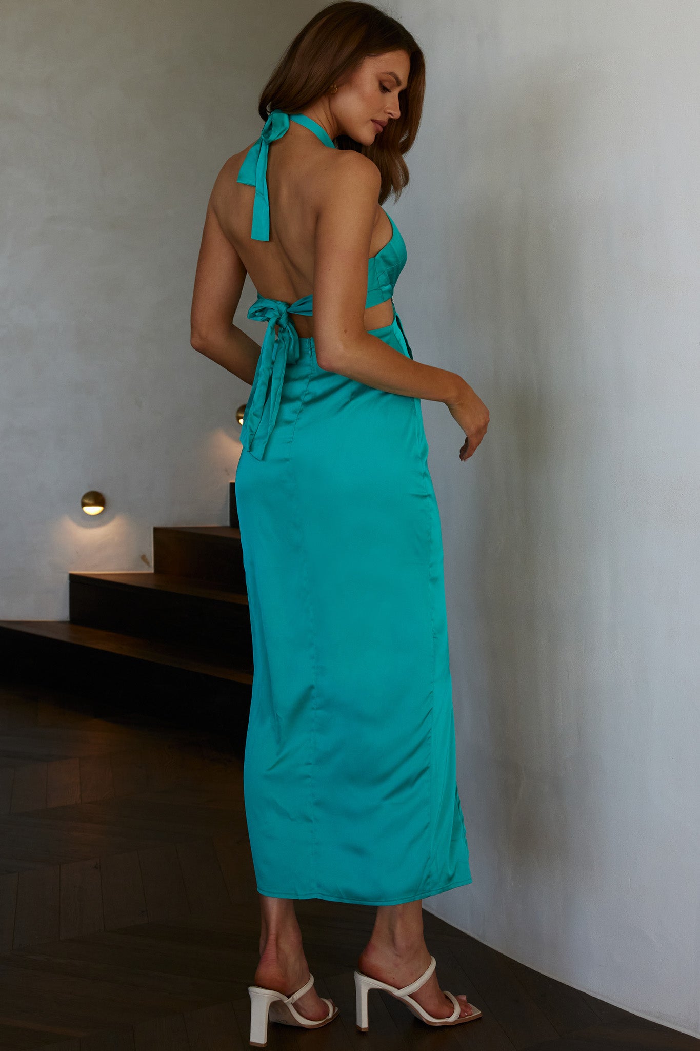 Night Breeze Halterneck Diamante Midi Dress Steel Blue-Maymioy