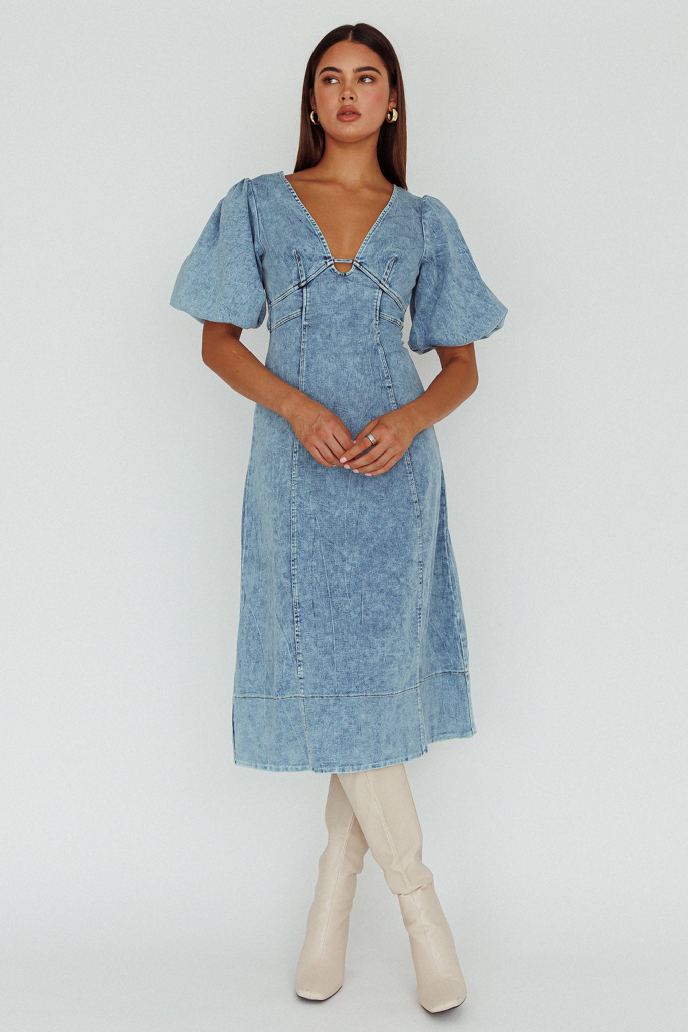 Elias Puff Sleeve Midi Dress Denim-Maymioy