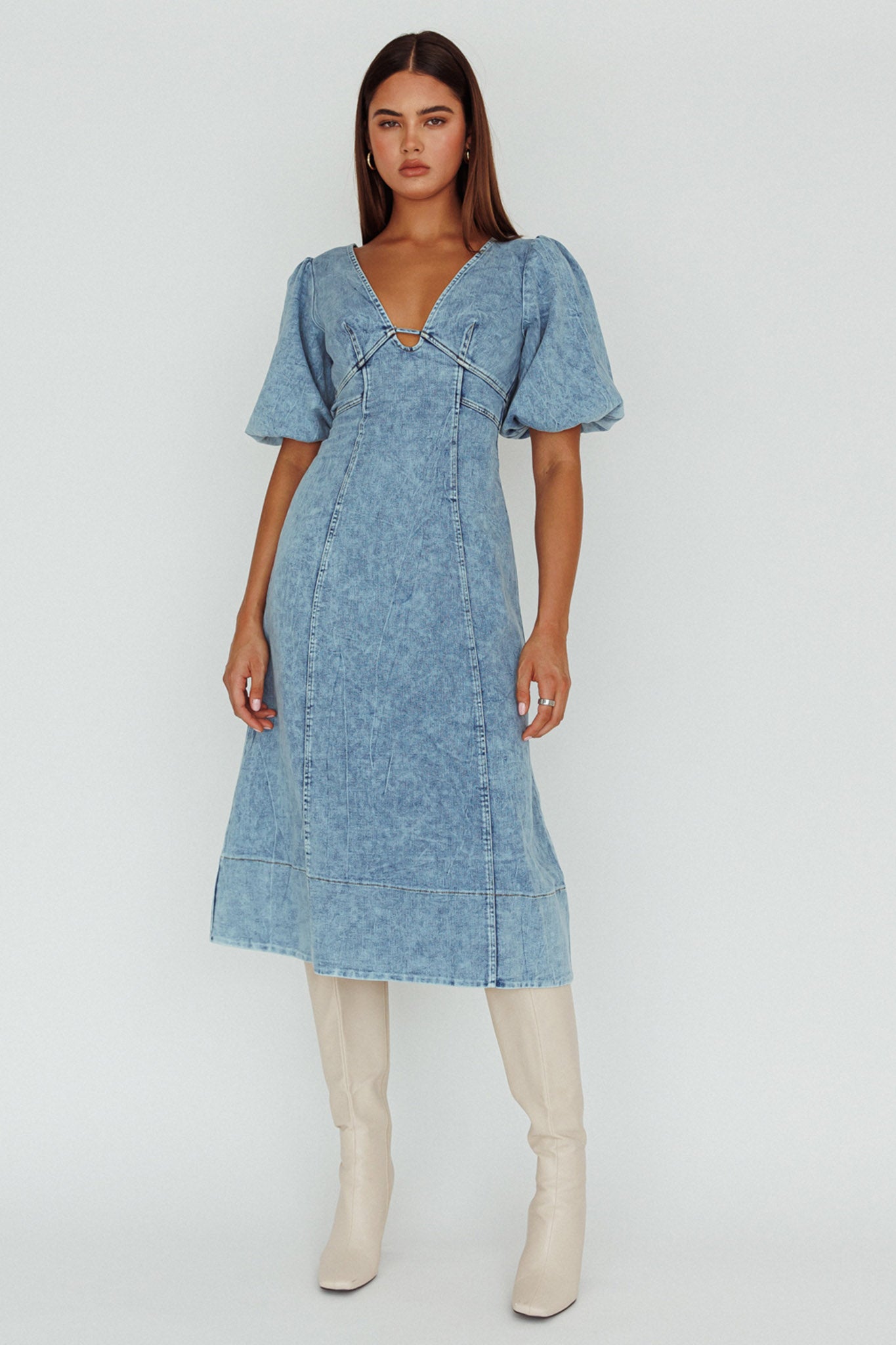 Elias Puff Sleeve Midi Dress Denim-Maymioy