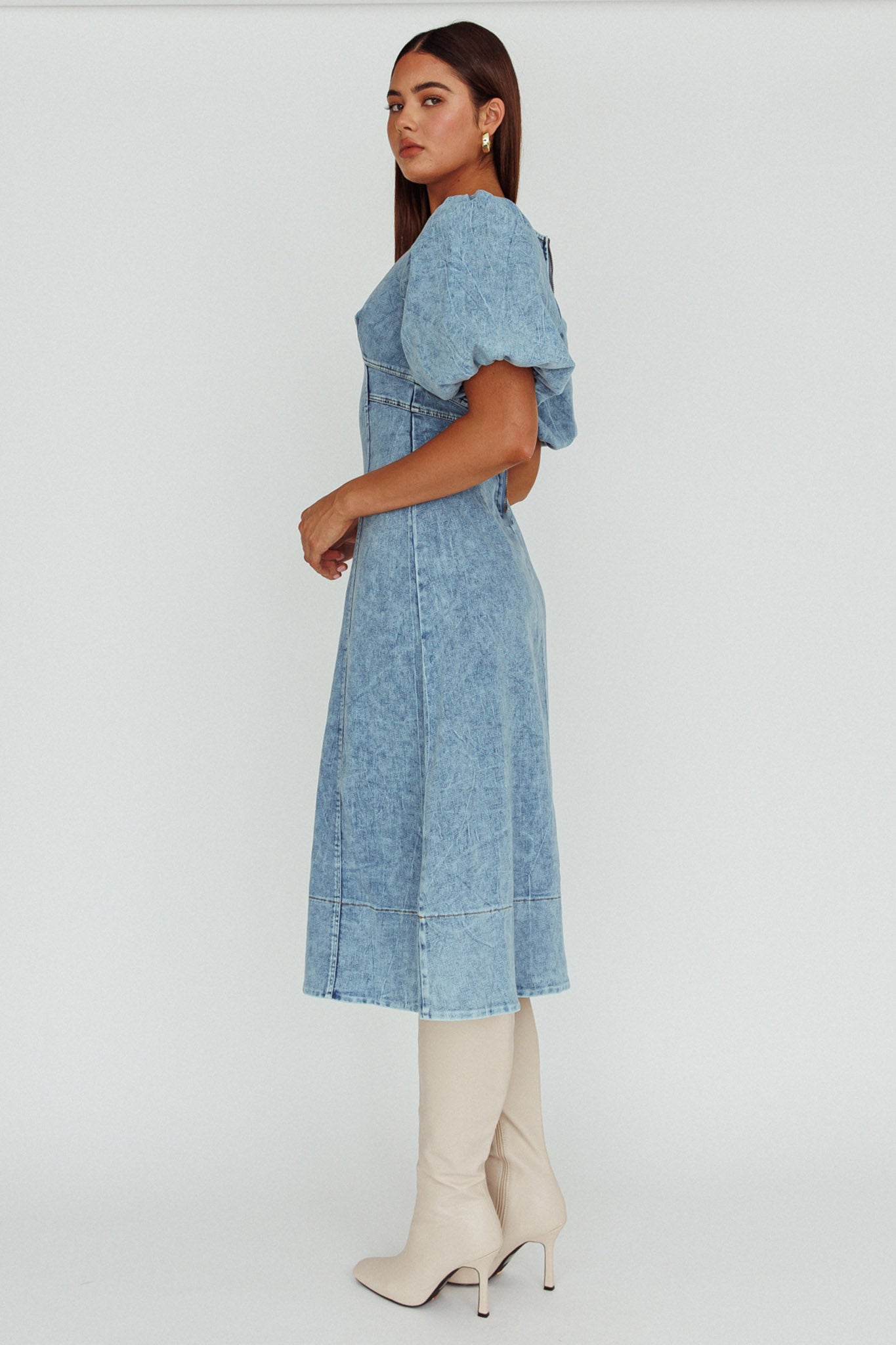 Elias Puff Sleeve Midi Dress Denim-Maymioy