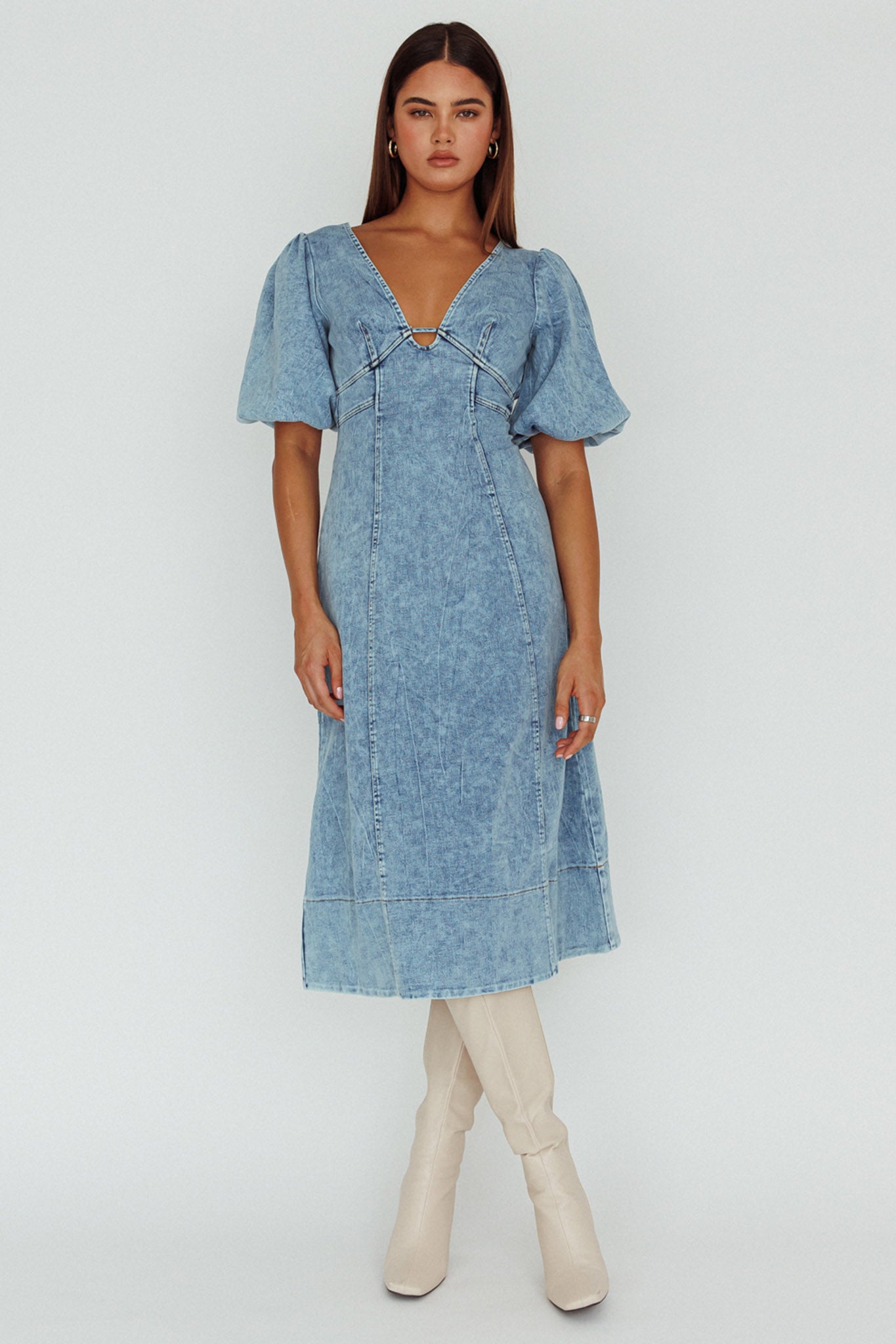 Elias Puff Sleeve Midi Dress Denim-Maymioy