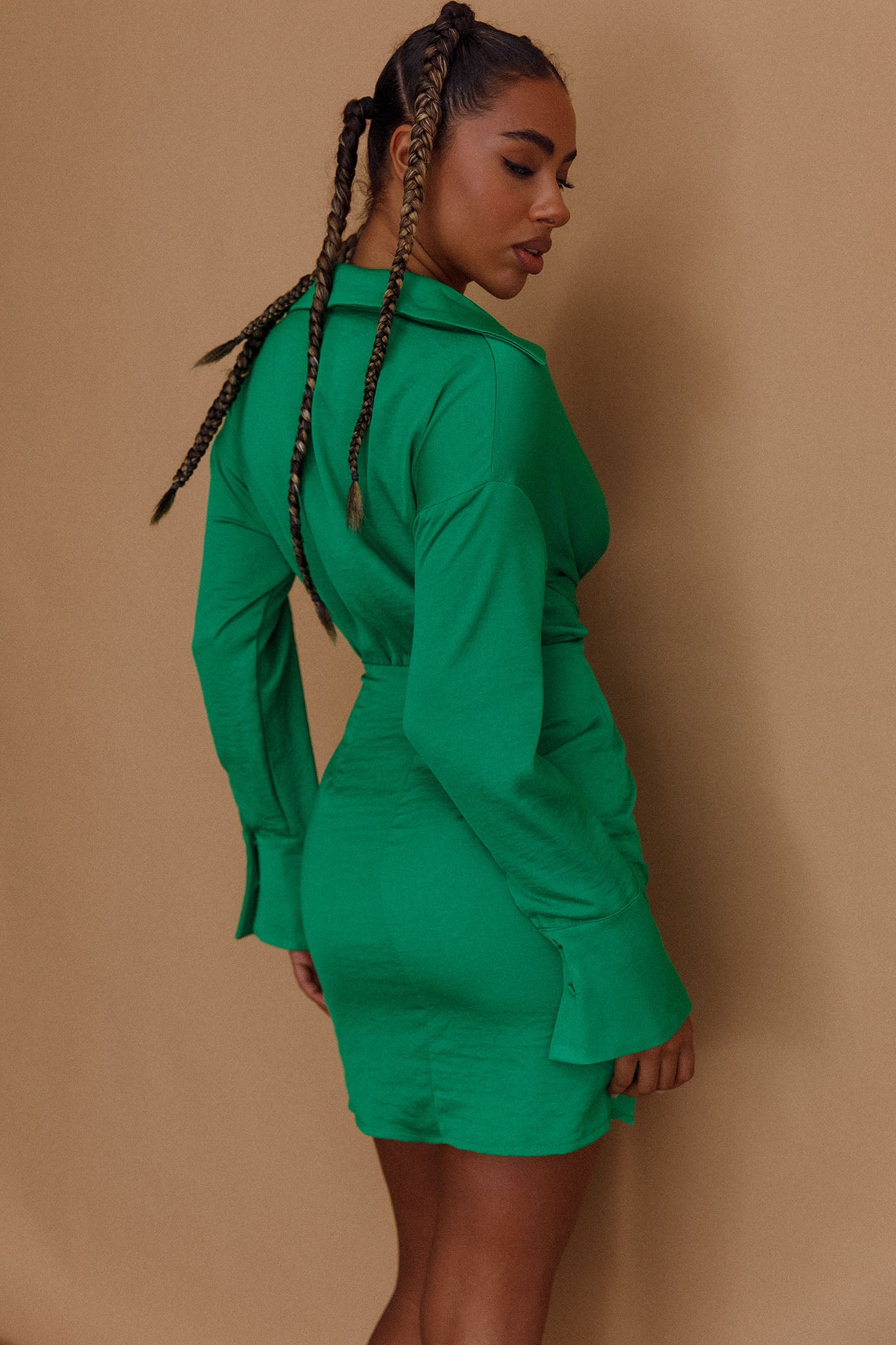 Romy Satin Shirt Dress Green-Maymioy
