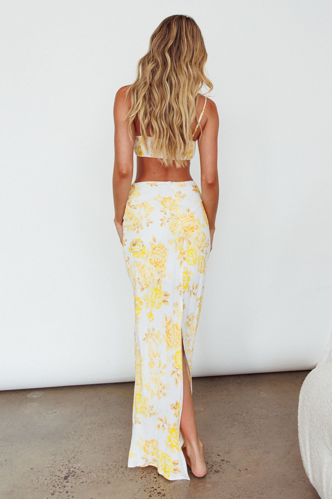 The Moment Satin Maxi Skirt Floral Yellow-Maymioy