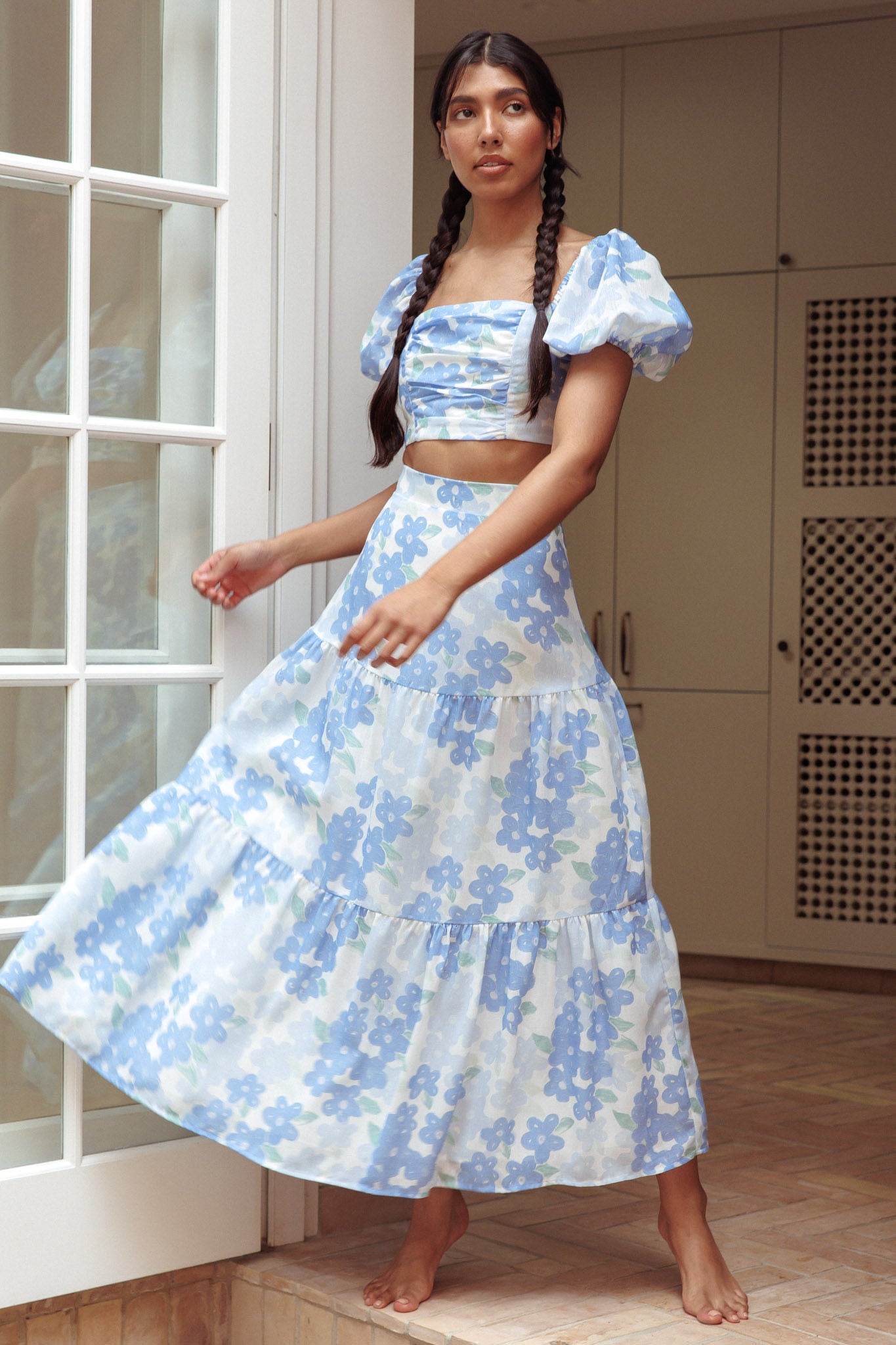 The Moment Maxi Skirt Floral Blue-Maymioy