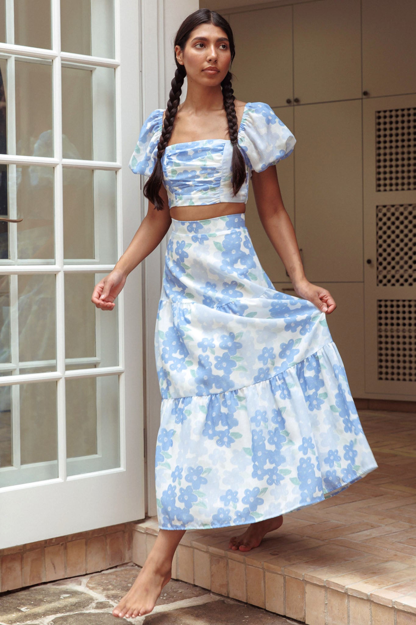 The Moment Puff Sleeve Crop Top Floral Blue-Maymioy