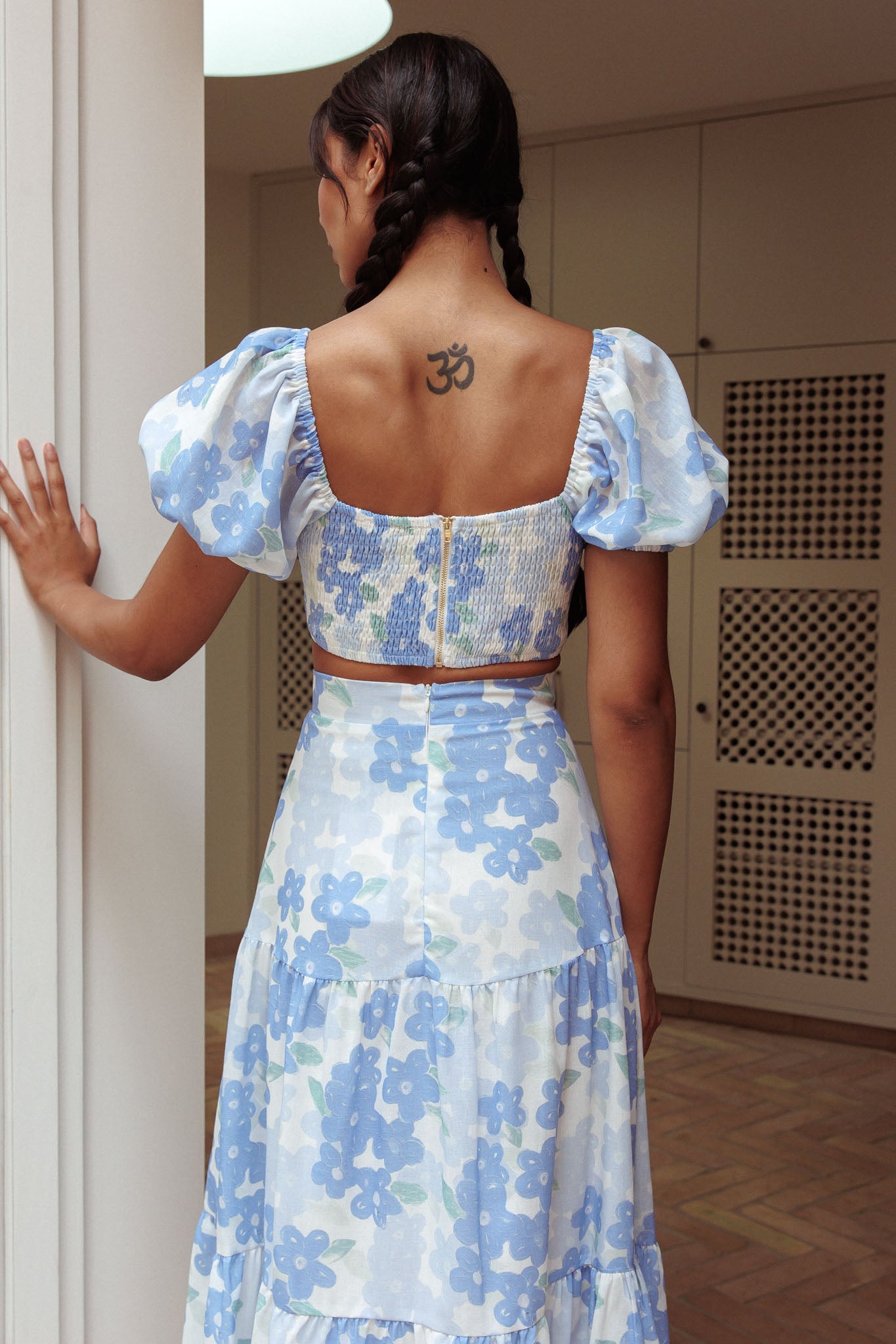 The Moment Puff Sleeve Crop Top Floral Blue-Maymioy